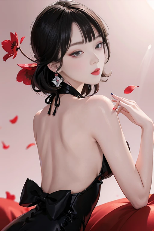 tsuruta ichiro, Narrow-eyed, 1girl in, Allback、deadpan、short-hair、shorth hair、brow、Reluctance、A dark-haired、Tucked Hair Solo, Cowgirl, Onepiece, ((mideum breasts)), Thin slit eyes、Black eyes, Light shines on the eyes、Black hair, gloves, Dress, Luxurious Jewelry, earrings, sharp eye、 elbow groves,Raise your hands and tie your hair back, random color, random color dress, Makeup for long eyes, Slender eyes、lip stick, Complex petal pattern, Rim Light, Back Light, pastel color,Studio Lighting