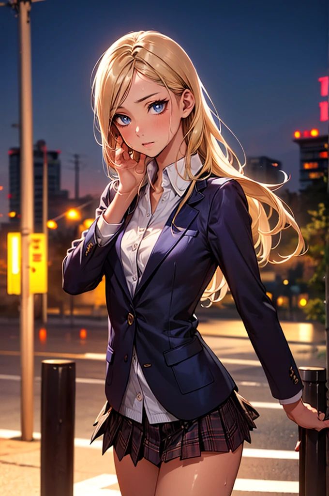 ((perfect anatomy:1.2,realistic:1.3,RAW Photography:1.3,masterpiece、highest quality、Ultra - High resolution、High resolution、Highly detailed CG、8K)),cowboy shot,1 female,solo,18-year-old、High school girl beautiful girl, Japanese,((beautiful detailed face and eyes:1.2,big gorgeous eyes:1.3,)),blonde hair,long hair,(center parted hair:1.4,forehead),medium breasts,slender body,small head:1.3,skinny,(brown skin:1.3),(oily skin,gleaming skin,shiny skin,sweat),(school uniform、Dark blue blazer jacket、plaid pleated mini skirt),Shibuya Station、on street,neon、at night、Tokyo、