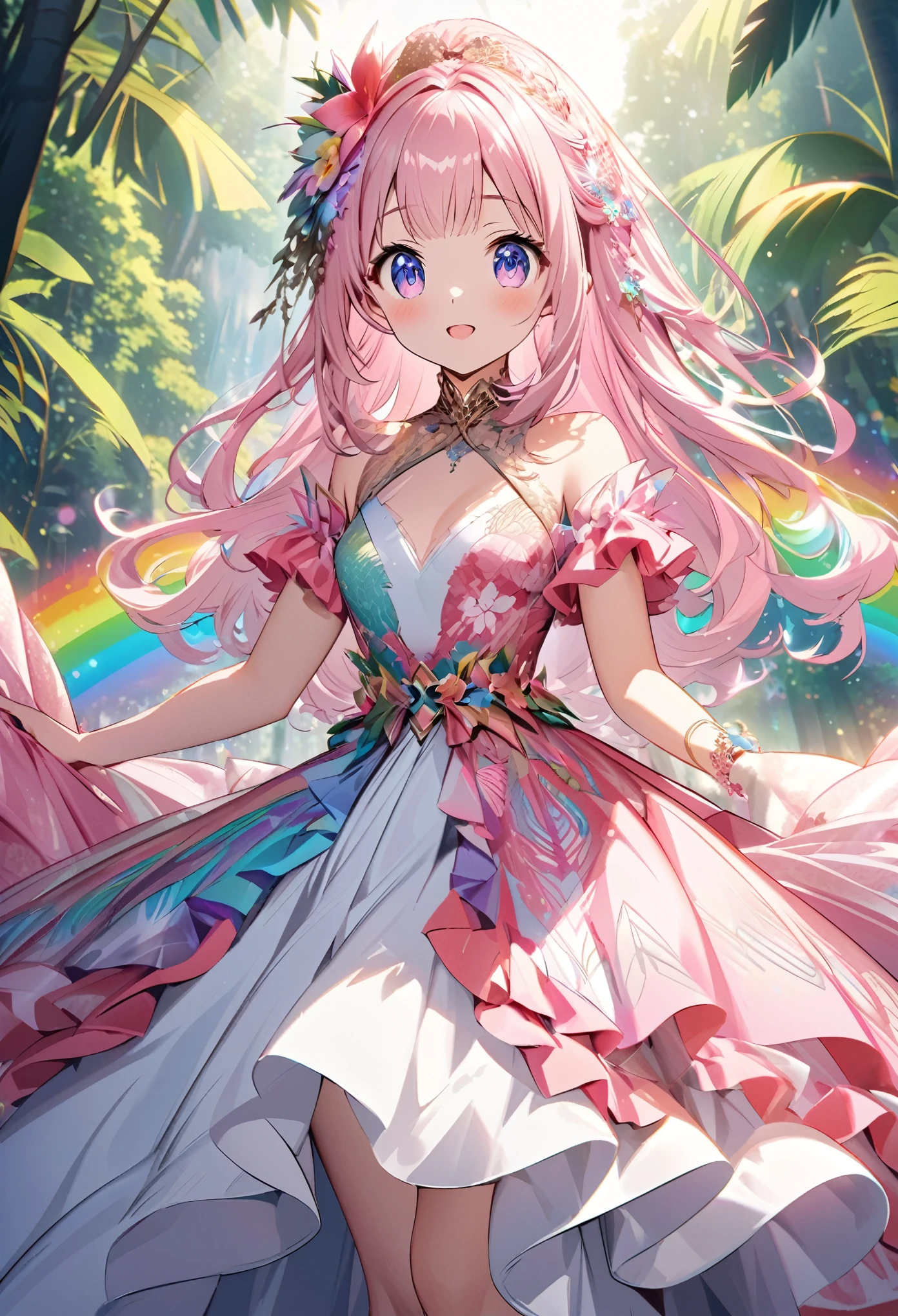 ``Japanese anime character, cute rabbit in pink color, beautiful adorable rabbit wearing an elegant and elaborate Hawaiian dress, the dress must have intricate designs and patterns to give it a luxurious and exclusive look. In the background, the image should depict the richness of the forest, with sunlight reflecting off the trees and illuminated mountains beyond. , emphasize the shimmering effect and rainbow throughout the image. Enhance your look and add special ruffles to your dress to stand out.”