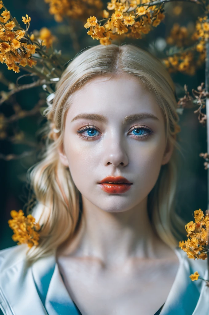 ( masterpiece, top quality, best quality,8k, girl,ultra detailed,raw photo:1.5),(photorealistic:1.4), (cinematic lighting), PerfectNwsjMajic, , Surrealism, UHD, ccurate, Super detail, textured skin, High detail, Best quality, dynamic angle, White skin,[Beautiful blue eyes], high nose,[flat chest:large breasts:0.5],(1girl),((good anatomy:0.5)),(covered in flowers:1.4), night sky, joint, (Blonde hair:1.3), interested in, fire and ice, (The image is divided into two，Available in a variety of colors:2), eyes blues, sapphire, liquid metal, night sky, (Look at an angle:1.3), (fire and ice), ((Lower chrome)), (hairpin:1.4), (forest:1.3), (fog: 1.3)
