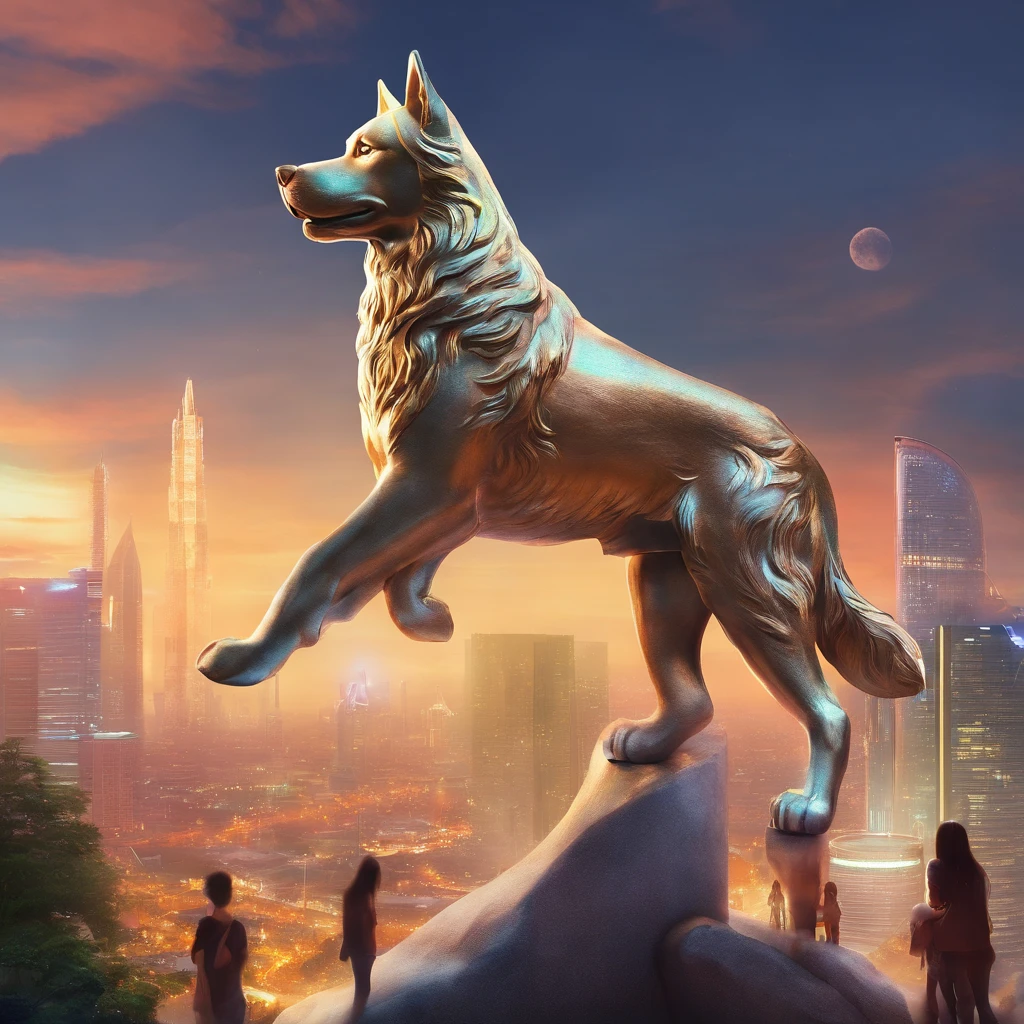 giant siberian husky bronze statue at the top of democeacy monument which is in Bangkok, Thailand, amidst crowd of people look at it.