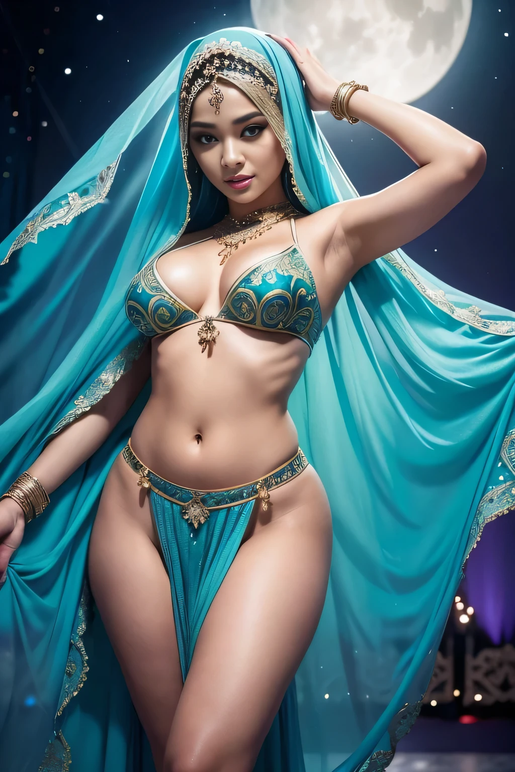 (best quality,ultra-detailed,realistic:1.37), beauty Malay woman with hijab on the stage, belly dancer exotic dancing costume, big breast, chubby, graceful movements, vibrant colors, seductive gaze, ethereal atmosphere, intricate jewelry, flowing veils, mesmerizing performance, hypnotic rhythms, alluring expressions, silhouetted against the moonlight, captivating stage presence, captivating music, enchanting and sensual.