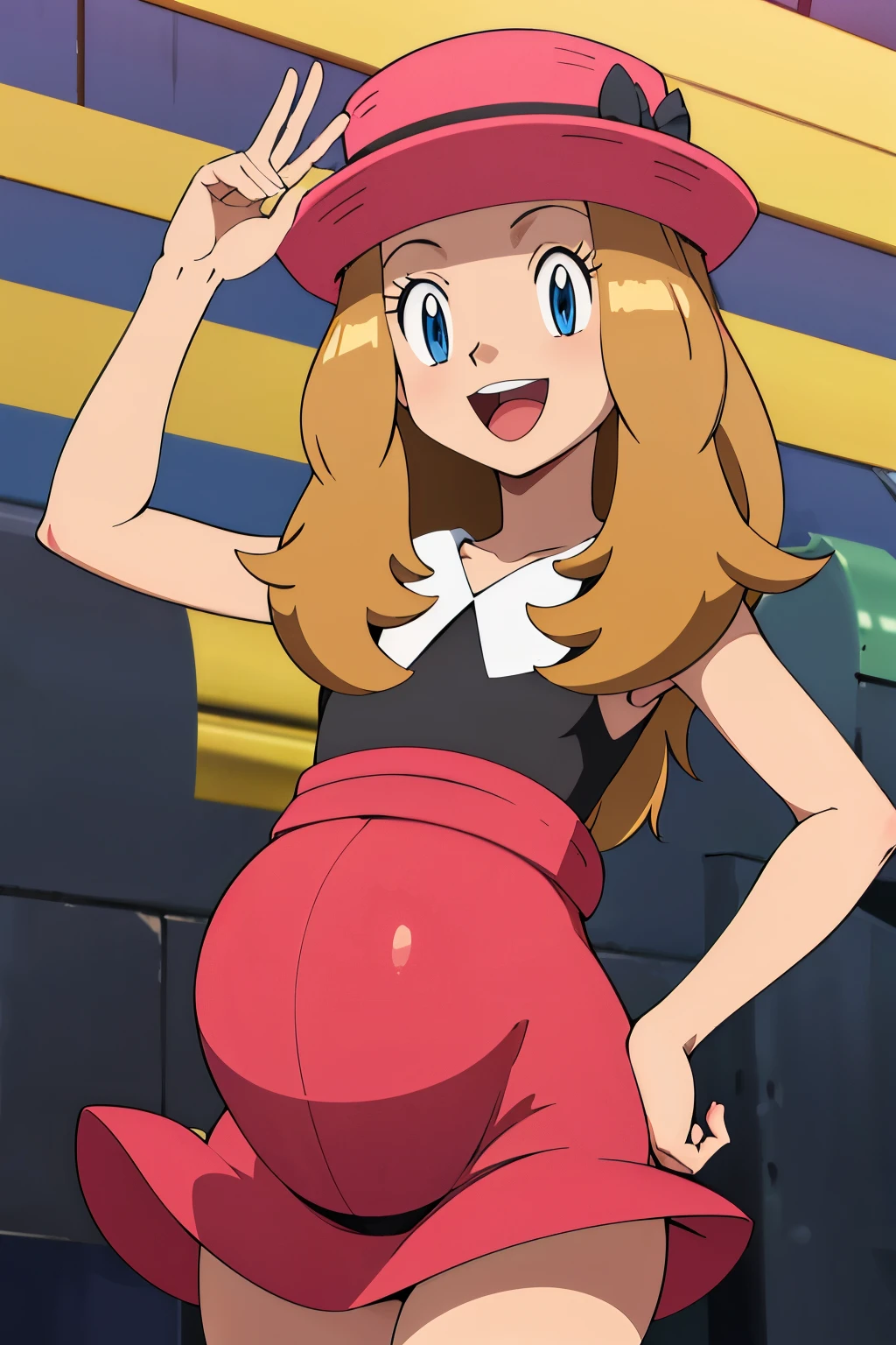 obra maestra, Mejor calidad, high resolution, al aire libre, 1 chica, Solo, serena (pokemon), sombreros rosas, falda roja, la camisa negra, hombros descubiertos, mirando al espectador, embarazada, pregnant, sonrisa timida, rubor. 