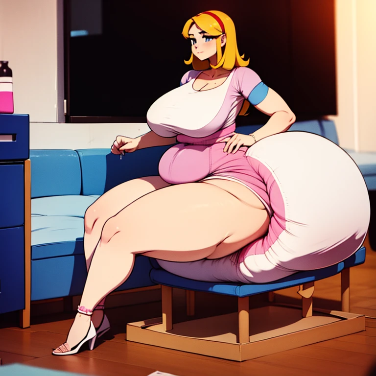an enchanting woman,Wearing white bra, butt toward viewer, bulging diaper, huge diaper, diaper growing bigger and bigger, holding her growing diaper, diaper puffing up like a balloon about to explode, diaper so fat and full and lumpy, diaper massive, diaper filling up whole screen, sitting on giant puffy diaper like a cloud, loving her giant diaper inflating to 100 times normal size