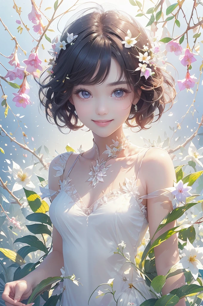 (masterpiece、highest quality、highest quality、Beautiful and beautiful:1.2)、(Good anatomy:1.5)、Painting of a girl with milky white hair、Transparent fairy costume、Adorable smile、looking at the camera、Flowers and leaves、digitalis