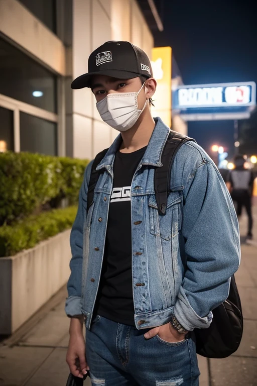 25 year old male, short hair, wearing a snapback hat, he is wearing a Retro Blue jacket, he is wearing long black ripped jeans, he is wearing white sneakers, he is wearing a mask, he is carrying a backpack, he is outside school at night , busy school atmosphere, very realistic, very detailed