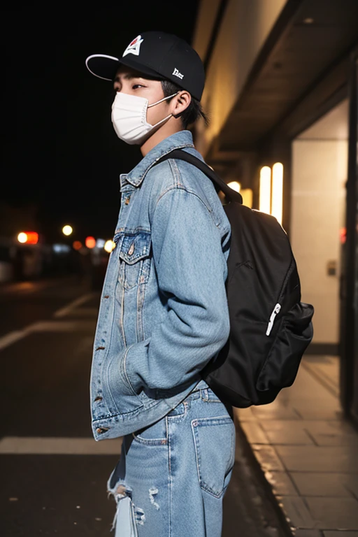 25 year old male, short hair, wearing a snapback hat, he is wearing a Retro Blue jacket, he is wearing long black ripped jeans, he is wearing white sneakers, he is wearing a mask, he is carrying a backpack, he is outside school at night , busy school atmosphere, very realistic, very detailed