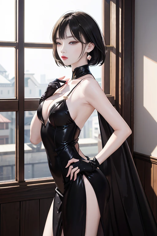 tsuruta ichiro, Narrow-eyed, 1girl in, Allback、deadpan、short-hair、shorth hair、brow、Reluctance、A dark-haired、Tucked Hair Solo, Cowgirl, Onepiece, ((mideum breasts)), Thin slit eyes、Black eyes, Light shines on the eyes、Black hair, gloves, Dress, Luxurious Jewelry, earrings, sharp eye、 elbow groves,Raise your hands and tie your hair back, random color, random color dress, Makeup for long eyes, Slender eyes、lip stick, Complex petal pattern, Rim Light, Back Light, pastel color,Studio Lighting