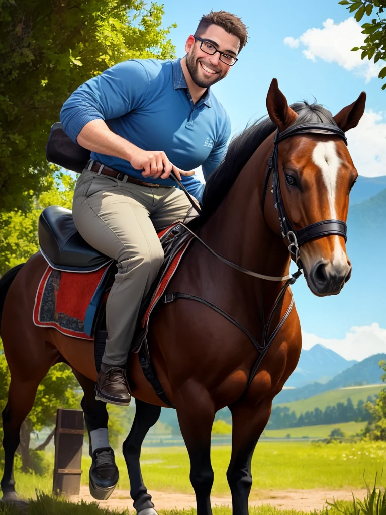 Create a man riding a horse, a white horse, galloping on a plain with greenish vegetation with strong sunlight, dawning with a very blue sky, the man looks happy, he is smiling and is dressed in a casual clothes, he holds the reins of the horse, the man has black shoes, behind you can see the mountains in the distance, let it be the whole horse with the boy and his outline, An award-winning original photo, (40 years old daddy:1.1), 1boy, Solo, round face, beefy body, (big shoulders), big pecs, big pectorals, stubbles, Short beard, Beautiful eyes:1.3, (Detailed face:1.3), wearing glasses, Dynamic Angle, volumetric lighting, (Best quality, A high resolution, Photorealistic), Cinematic lighting, Masterpiece, RAW photo, stock photo, Intricate details, hdr, depth of field, masterpiece, best quality, george pei, chris redfield
