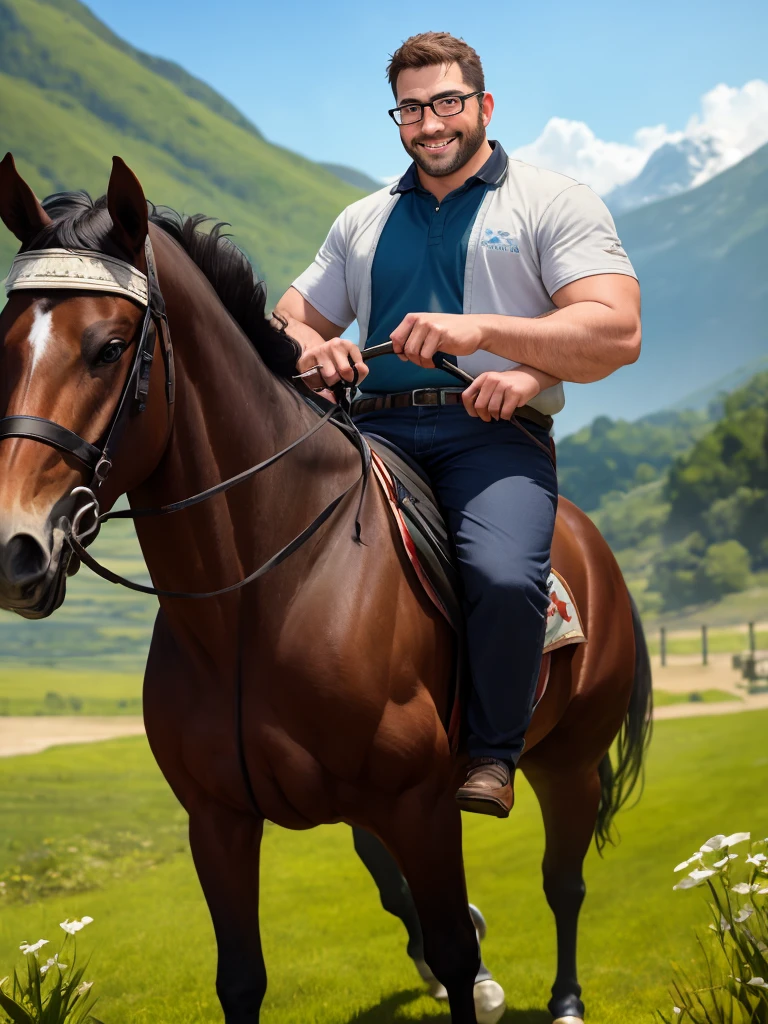 Create a man riding a horse, a white horse, galloping on a plain with greenish vegetation with strong sunlight, dawning with a very blue sky, the man looks happy, he is smiling and is dressed in a casual clothes, he holds the reins of the horse, the man has black shoes, behind you can see the mountains in the distance, let it be the whole horse with the boy and his outline, An award-winning original photo, (40 years old daddy:1.1), 1boy, Solo, round face, beefy body, (big shoulders), big pecs, big pectorals, stubbles, Short beard, Beautiful eyes:1.3, (Detailed face:1.3), wearing glasses, Dynamic Angle, volumetric lighting, (Best quality, A high resolution, Photorealistic), Cinematic lighting, Masterpiece, RAW photo, stock photo, Intricate details, hdr, depth of field, masterpiece, best quality, george pei, chris redfield