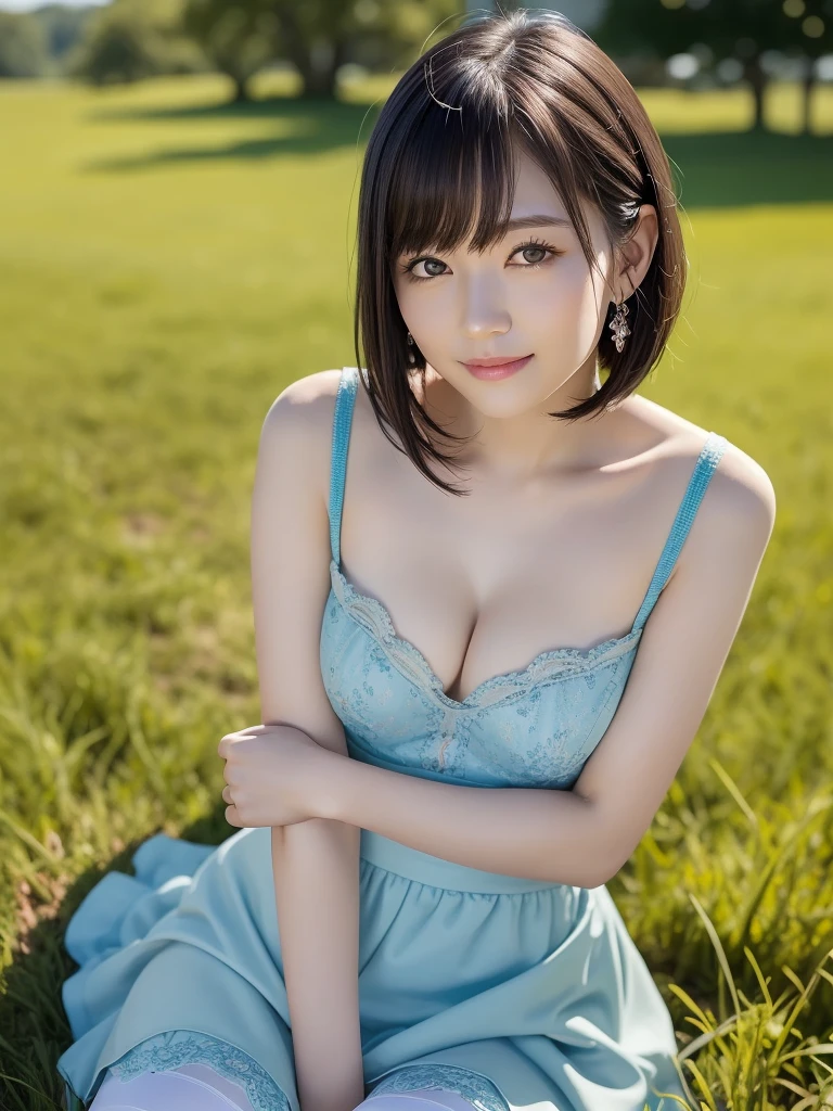 (highest quality:1.5)、(Realistic:1.5)、(1 person:1.5)、(Upper Body:1.5)、Very detailed、High resolution、8k wallpaper、、Small breasts、Natural color lips、Cute Smile、Japanese women、20-year-old girl、Beautiful and elegant face、Perfect and beautiful face、Big eyes、Brunette eyes、Beautiful and elegant face、Natural double eyelids、Natural Bangs、Beautiful thin nose、Beautiful Skin、Chestnut Hair、Medium Bob Hair、Short Hair、Natural Bangs、Perfect and beautiful face、Slim face and figure、(Looking at the camera with a cute expression)、Bright lighting、Professional Lighting、Forward lighting、Cute Smile、Summer blue sky、Grass park on the mountain、Look at the viewers、Low-angle composition、(Staring at the camera with a cute expression)、(Lighting the face)、Bright lighting、Professional Lighting、Forward lighting、Cute Smile、Beautiful clavicle、Beautiful feet:1.2、Smooth Skin、Beautiful cleavage、Floral Dresini skirt、wear knee high stockings、Sit on the grass、wariza、Put your hands on your thighs、Beautiful thighs、Sit down、Leaning forward、Shots from low angles、Girl sitting、seiza、Gothic Dress、ta Dress、knee high stockings、above-knee length stockings、garter belt、Frill dress、
