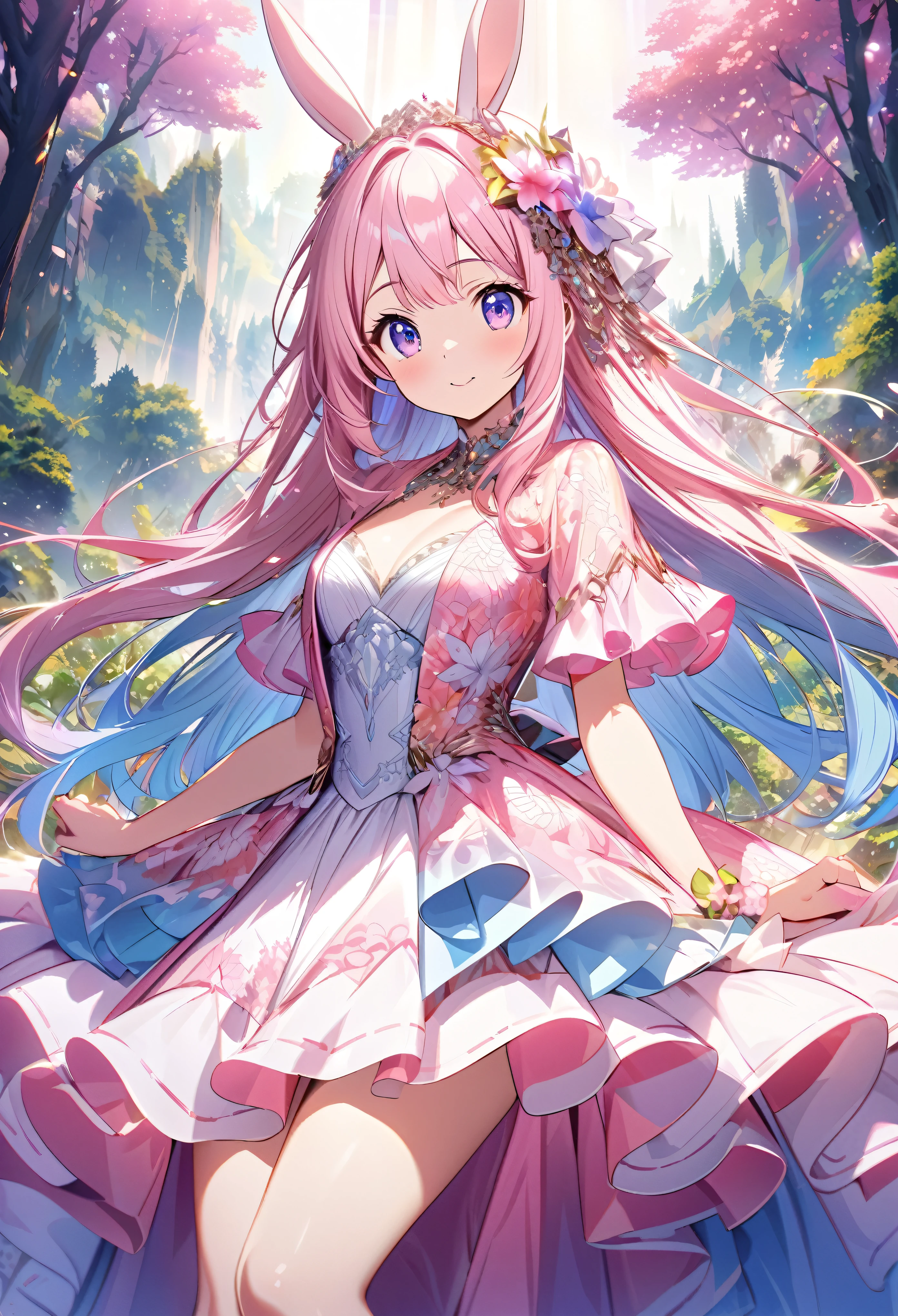 ``Japanese anime character, cute rabbit in pink color, beautiful adorable rabbit wearing an elegant and elaborate Hawaiian dress, the dress must have intricate designs and patterns to give it a luxurious and exclusive look. In the background, the image should depict the richness of the forest, with sunlight reflecting off the trees and illuminated mountains beyond. , emphasize the shimmering effect and rainbow throughout the image. Enhance your look and add special ruffles to your dress to stand out.”