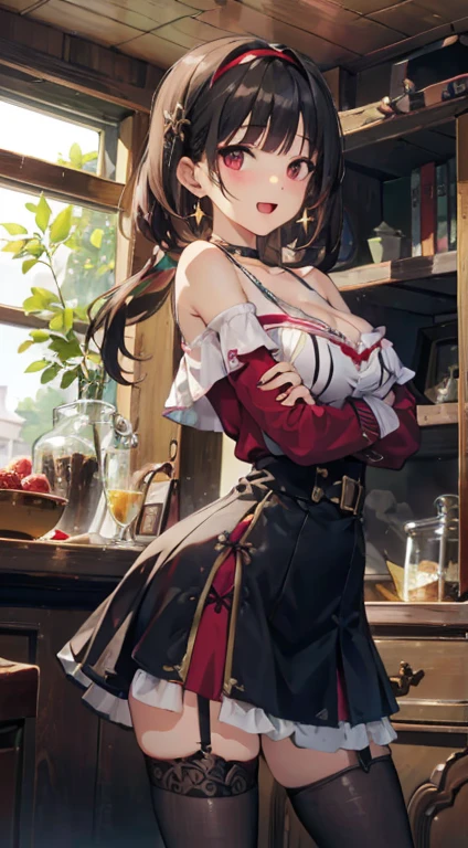 Adult Woman, masterpiece, 1girl, Amazing Cleavage:1.3, thin waist, big ass, Raised sexy, medium breast:1.3,posed cleavage:1.2,solo, open mouth, have a cup of coffee,black hair, red eyes, dress, bare shoulders, jewelry, collarbone, sidelocks, hairband, earrings, indoors, off shoulder, arms behind back, plant, short hair with long locks, black hairband, sweater dress, off-shoulder sweater, red sweater, big side hair, very long side hair,is rendered in (masterpiece: 1.2, best quality), with (ultra high resolution) and an exquisite (depth of field). This masterpiece is not only visually stunning but also tells, make of cooking some cakes ,in the kitchen,Long dark blonde wavy hair、her thin pubic hair, Puffy nipple、(short flared skirt)、garter stocking、Earring、Medium milk, cute smile face、(Pose to lean forward and emphasize the chest)、sexy hips、high-heels、atlibrary、((Close your arms to your chest and look up)),(with sparkling eyes and a contagious smile), looking at viewer,
