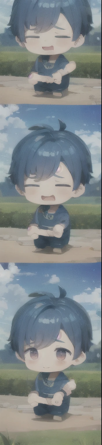 1 boy , gesto chibi, Enojado, pelo azul
