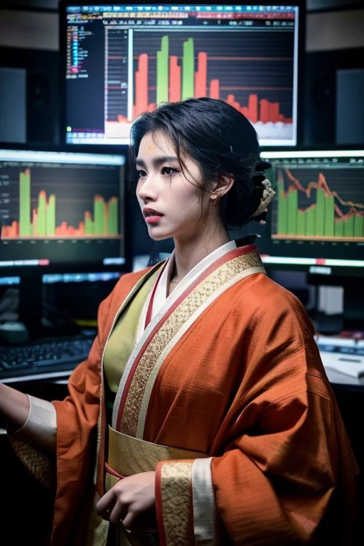 ((melhor qualidade)), ((obra de arte)), (Cinematic aesthetics:1.4) Photo of a handsome samurai male model surrounded by computers showing financial market charts