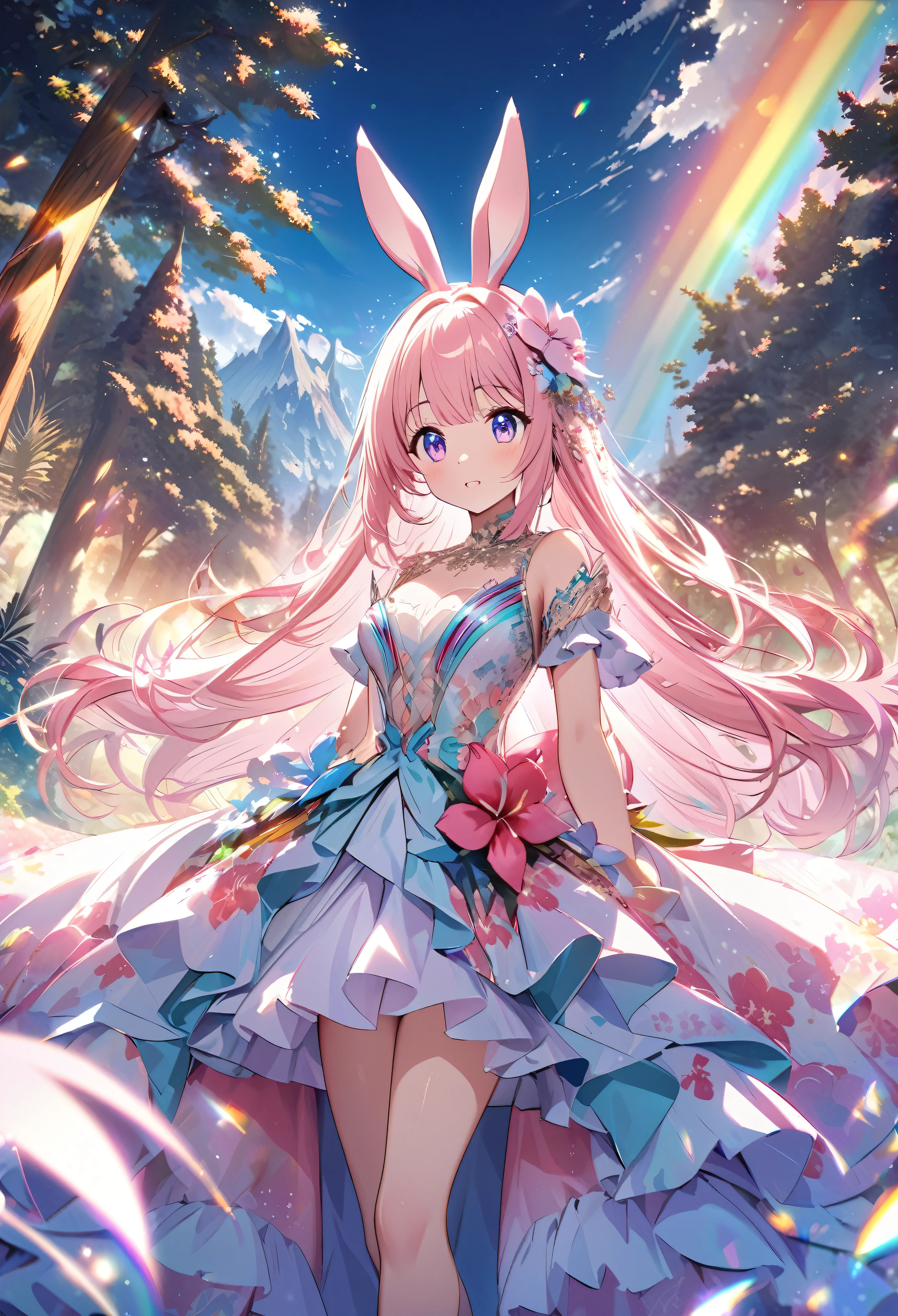 ``Japanese anime character, cute rabbit in pink color, beautiful adorable rabbit wearing an elegant and elaborate Hawaiian dress, the dress must have intricate designs and patterns to give it a luxurious and exclusive look. In the background, the image should depict the richness of the forest, with sunlight reflecting off the trees and illuminated mountains beyond. , emphasize the shimmering effect and rainbow throughout the image. Enhance your look and add special ruffles to your dress to stand out.”