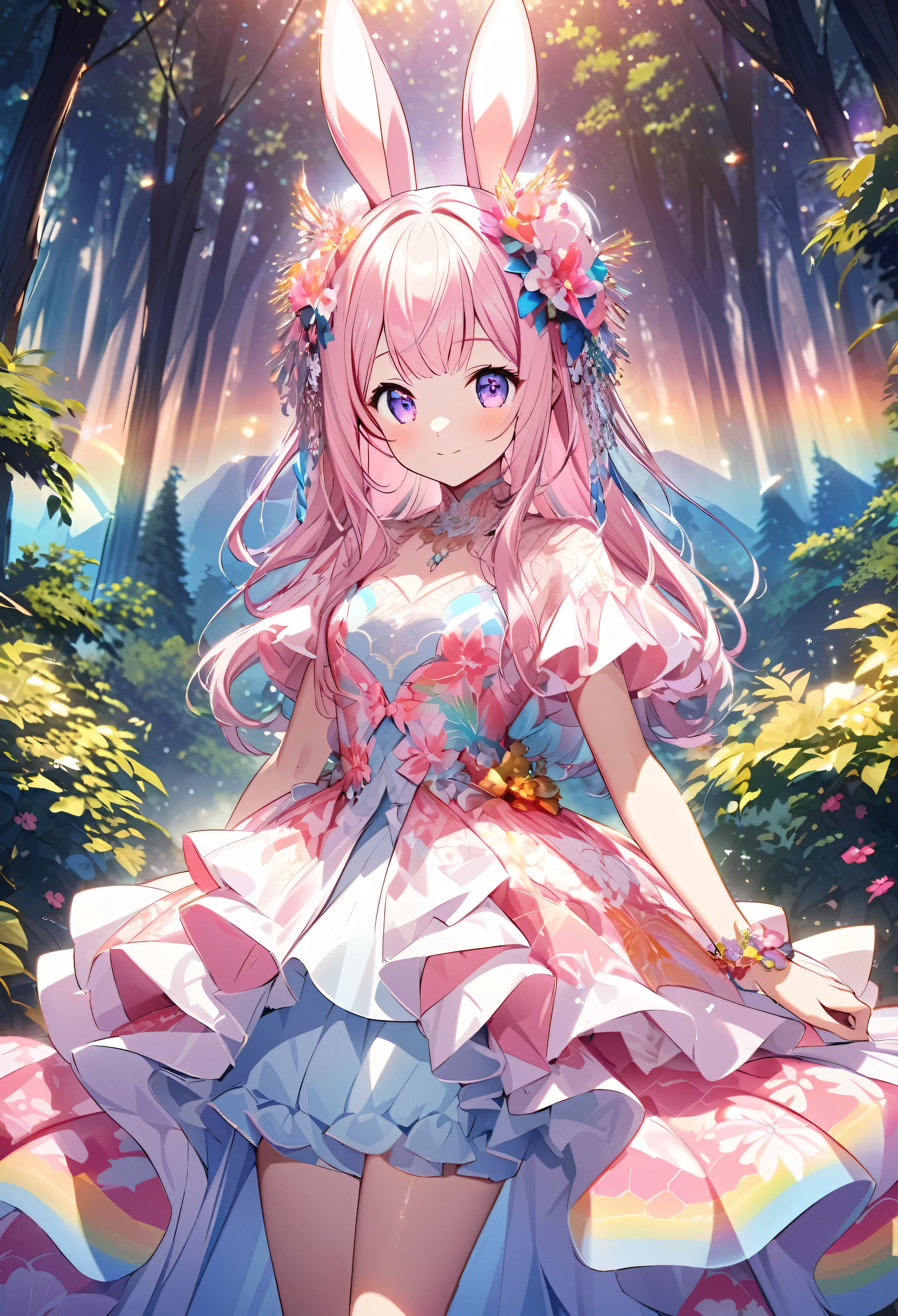 ``Japanese anime character, cute rabbit in pink color, beautiful adorable rabbit wearing an elegant and elaborate Hawaiian dress, the dress must have intricate designs and patterns to give it a luxurious and exclusive look. In the background, the image should depict the richness of the forest, with sunlight reflecting off the trees and illuminated mountains beyond. , emphasize the shimmering effect and rainbow throughout the image. Enhance your look and add special ruffles to your dress to stand out.”