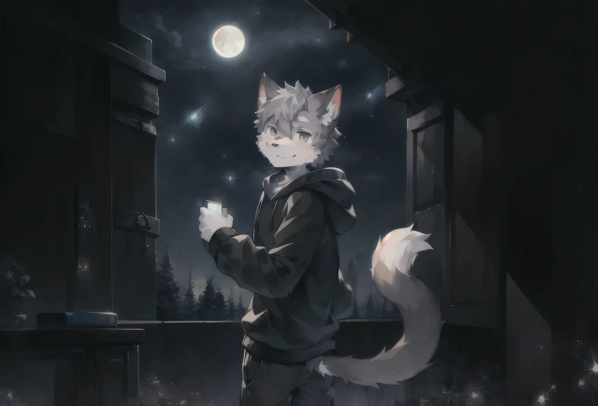 (Starry_Sky, moon, new moon_moon, night_Sky, night, shooting_Star, Sky, galaxy, Starry_Sky_Print), male_Key Points,Broken black cube,hairy, 1 boy,Solitary, (detailed_background,Astonishing_background),Gray fur, Cat boy, Black Hoodie, Cat tail,(Many tails), Gray eyes, Gray hair,detailed face,detailed eyes,Head tilt, from the side, SFW,