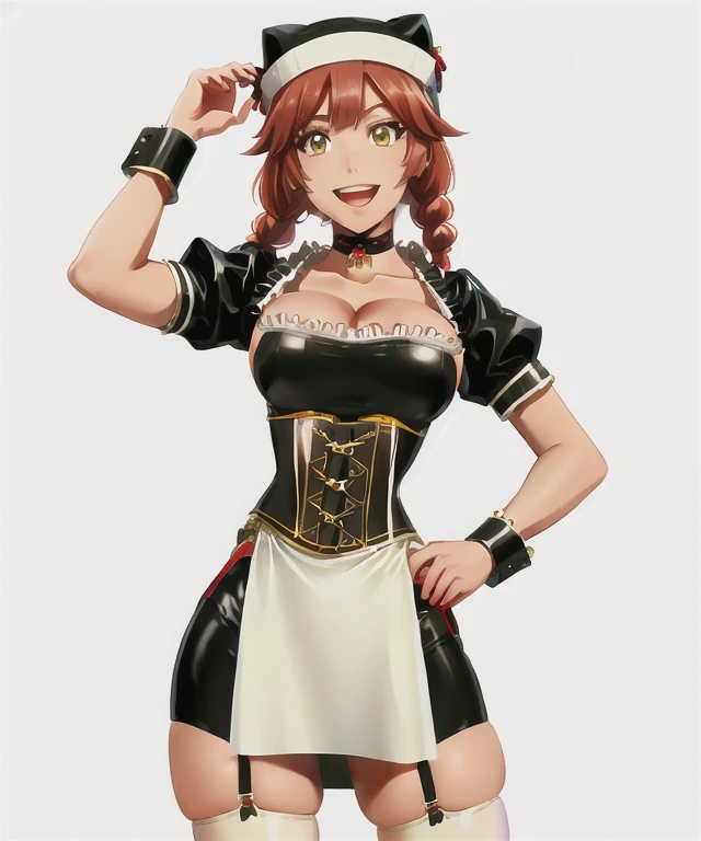 masterpiece, best quality, high quality, highres, absurdres, BETA, 1girl, solo, white background, twin braids, smile, simple background, open mouth, choker, looking at viewer, bridal gauntlets, collarbone, black dress, animal hat, :d, white thighhighs, side slit, puffy short sleeves, standing, clenched hand, detached sleeves, cowboy shot, paw pose, maid, white shirt, wrist cuffs, clothes around waist, corset, hair tubes,
