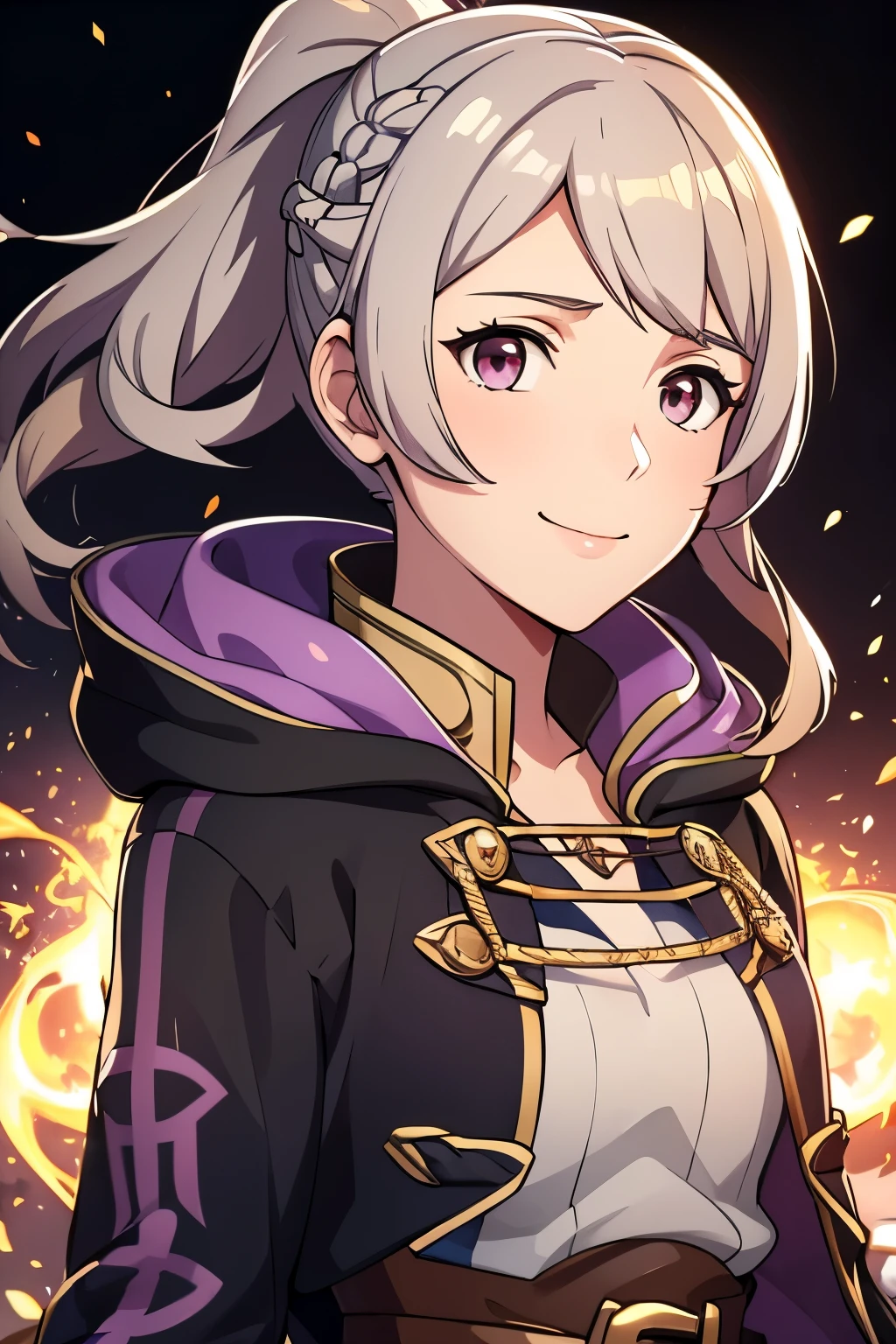 (high-quality, breathtaking),(expressive eyes, perfect face) 1girl, female, solo, portrait, Fire Emblem Awakening, Symmetrical Eyes, black background, Robin (Fire Emblem: Awakening), dark Brown hair color, short hair, messy wavy hair, hair ornament, upper body, pink eyes, Black and purple robe, gold trim, hood, black shirt, brown belt, tomb, positive expression, cute smile, detailed eyes, adorable face, short height, Grima, Arms down, female robin (fire emblem), dark brown hair, fireflies background, soft lights, braid ponytail
