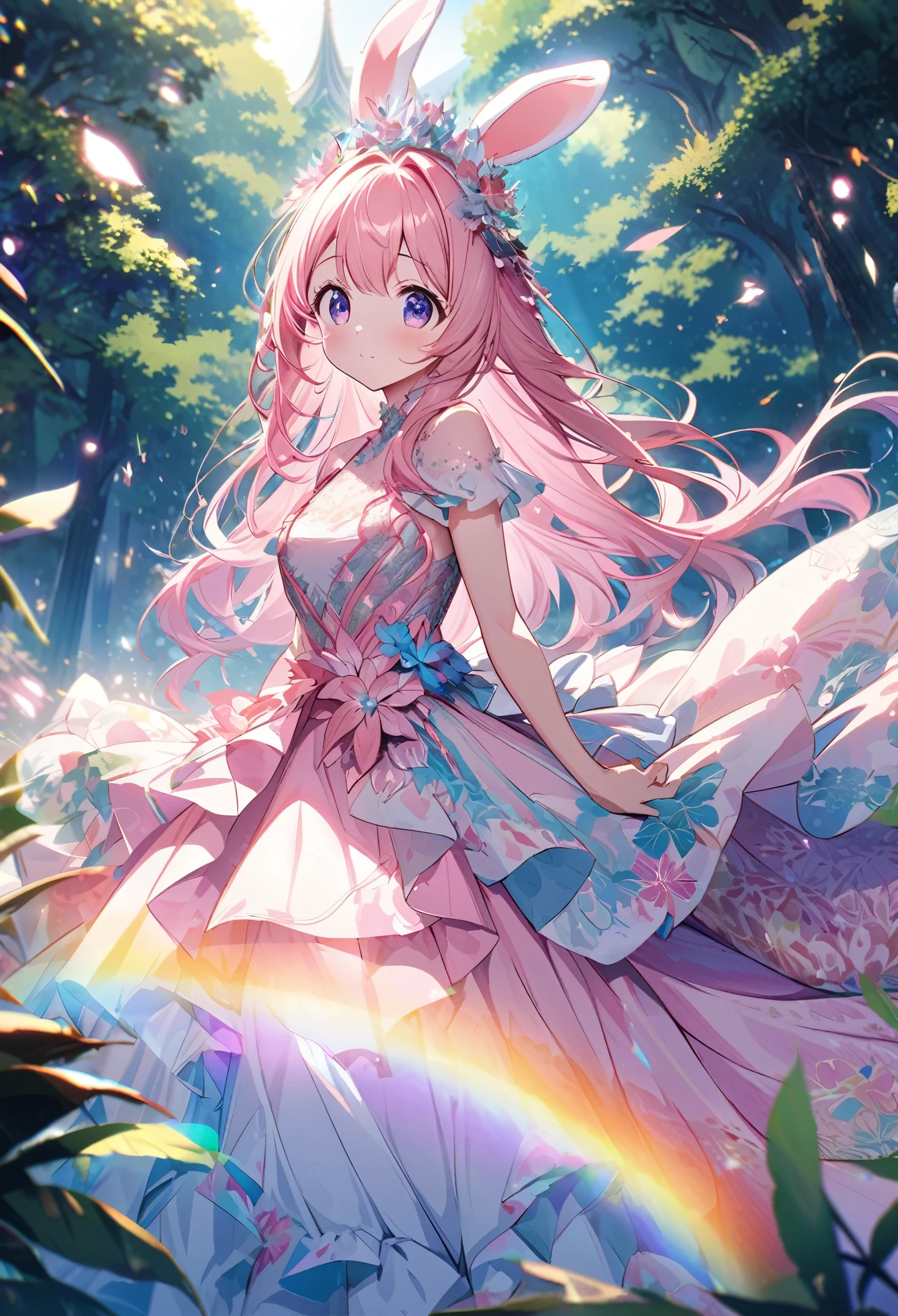 ``Japanese anime character, cute rabbit in pink color, beautiful adorable rabbit wearing an elegant and elaborate Hawaiian dress, the dress must have intricate designs and patterns to give it a luxurious and exclusive look. In the background, the image should depict the richness of the forest, with sunlight reflecting off the trees and illuminated mountains beyond. , emphasize the shimmering effect and rainbow throughout the image. Enhance your look and add special ruffles to your dress to stand out.”
