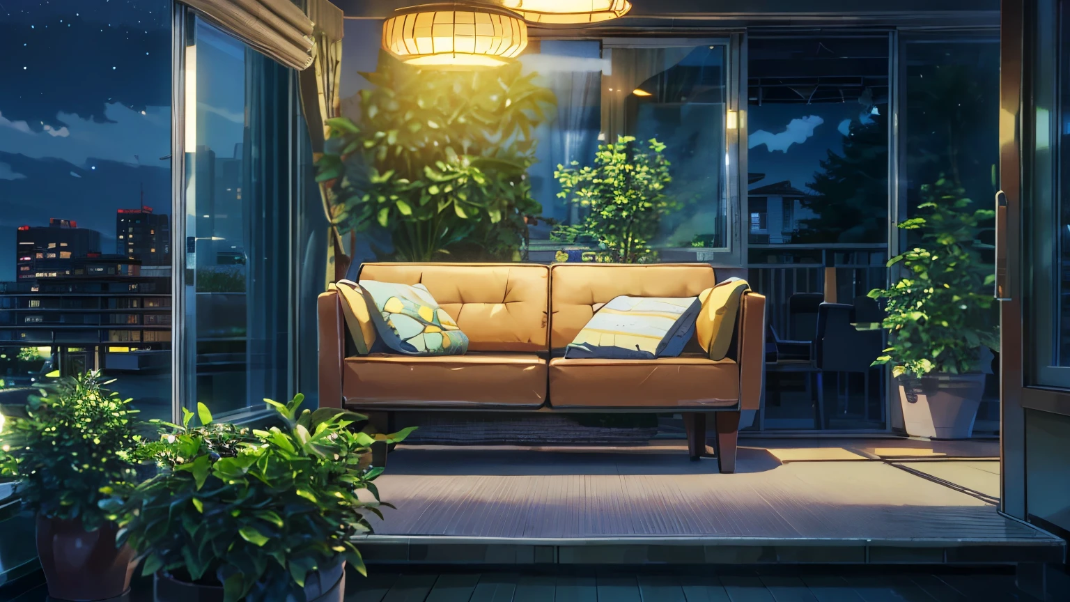 A stylish room with a view of the city nightscape and the starry sky、sofa、Foliage plant、shinkai makoto