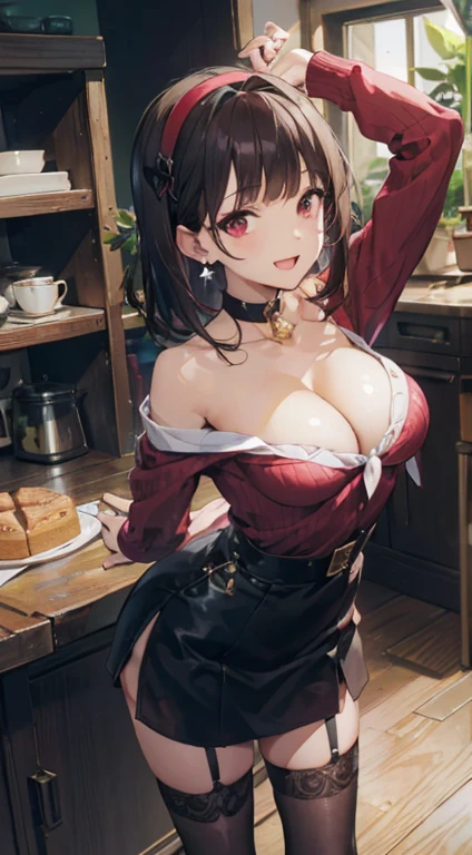 Adult Woman, masterpiece, 1girl, Amazing Cleavage:1.3, thin waist, big ass, Raised sexy, medium breast:1.3,posed cleavage:1.2,solo, open mouth, have a cup of coffee,black hair, red eyes, dress, bare shoulders, jewelry, collarbone, sidelocks, hairband, earrings, indoors, off shoulder, arms behind back, plant, short hair with long locks, black hairband, sweater dress, off-shoulder sweater, red sweater, big side hair, very long side hair,is rendered in (masterpiece: 1.2, best quality), with (ultra high resolution) and an exquisite (depth of field). This masterpiece is not only visually stunning but also tells, make of cooking some cakes ,in the kitchen,Long dark blonde wavy hair、her thin pubic hair, Puffy nipple、(short flared skirt)、garter stocking、Earring、Medium milk, cute smile face、(Pose to lean forward and emphasize the chest)、sexy hips、high-heels、atlibrary、((Close your arms to your chest and look up)),(with sparkling eyes and a contagious smile), looking at viewer,
