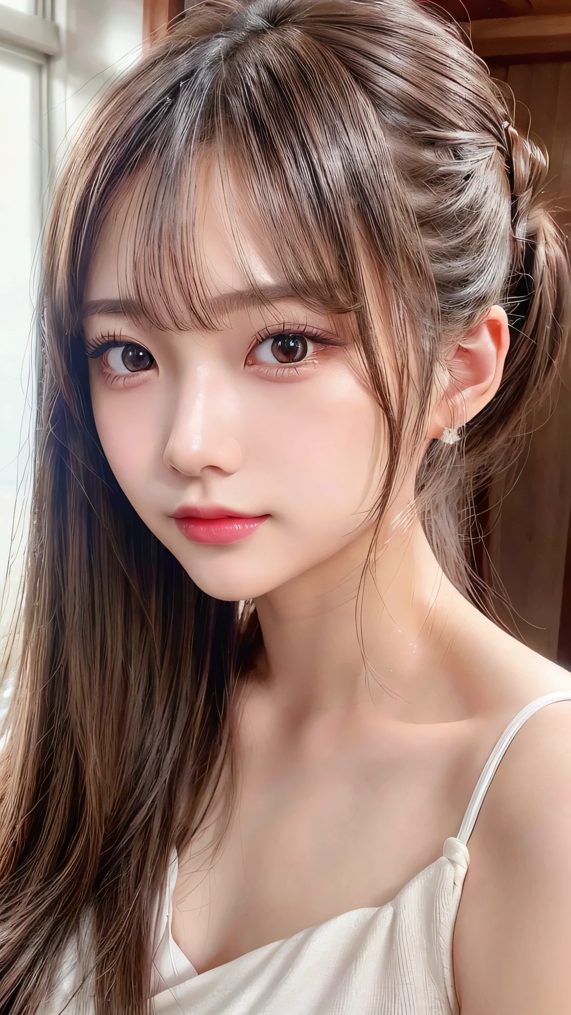 Wedding dress,tiara,Beach,resort,Sexy White Bikini,Blushing,Facing forward,Close-up of face,Small breasts,,Long hair ponytail,((8K, Raw photo, Best Quality, Mastepiece:1.2), (Realism, Photorealistic:1.4), (Highly detailed 8K wallpapers), Depth of written boundary, Cinematic Lighting, Soft Light, Detailed Beauty Eye,Shiny and smooth light brown ponytail, Asymmetrical bangs, Shiny skin, Ultra-detailed skins ,It is high resolution., High detail, Detailed hairstyle, Detailed facial beauty, Hyper-realistic, Perfect limbs, Perfect Anatomy ,1 Japanese girl,Famous Japanese Idols, Perfect female body,A shy smile,Short eyelashes,Double-edged eyelids,Look straight here,Hair style: ponytail,Close-up of face