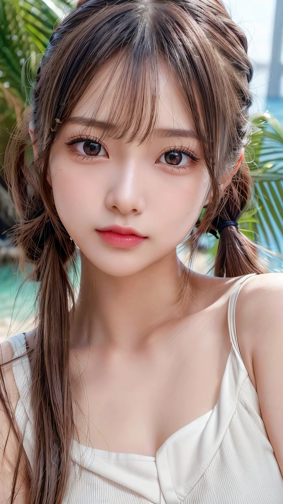 Beach,resort,Sexy White Bikini,Blushing,Facing forward,Close-up of face,Small breasts,,Long hair ponytail,((8K, Raw photo, Best Quality, Mastepiece:1.2), (Realism, Photorealistic:1.4), (Highly detailed 8K wallpapers), Depth of written boundary, Cinematic Lighting, Soft Light, Detailed Beauty Eye,Shiny and smooth light brown ponytail, Asymmetrical bangs, Shiny skin, Ultra-detailed skins ,It is high resolution., High detail, Detailed hairstyle, Detailed facial beauty, Hyper-realistic, Perfect limbs, Perfect Anatomy ,1 Japanese girl,Famous Japanese Idols, Perfect female body,A shy smile,Short eyelashes,Double-edged eyelids,Look straight here,Hair style: ponytail,Close-up of face