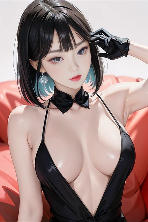 tsuruta ichiro, Narrow-eyed, 1girl in, Allback、deadpan、short-hair、shorth hair、brow、Reluctance、A dark-haired、Tucked Hair Solo, Cowgirl, Onepiece, ((mideum breasts)), Thin slit eyes、Black eyes, Light shines on the eyes、Black hair, gloves, Dress, Luxurious Jewelry, earrings, sharp eye、 elbow groves,Raise your hands and tie your hair back, random color, random color dress, Makeup for long eyes, Slender eyes、lip stick, Complex petal pattern, Rim Light, Back Light, pastel color,Studio Lighting