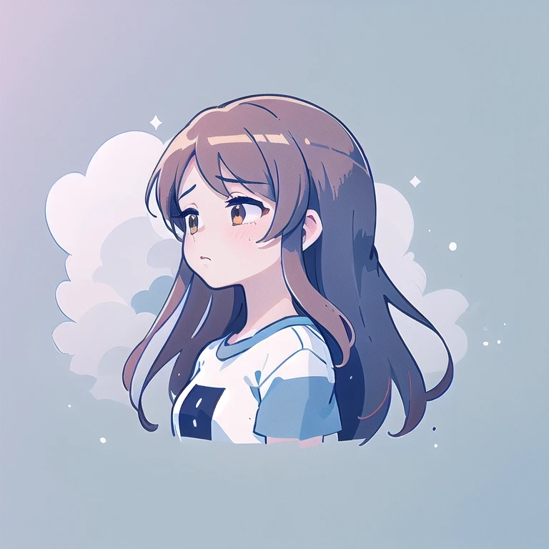 masterpiece, best quality, 1girl, asahina mikuru, bright brown hair, sad face, white t-shirt, multicolored blue-gray-white background, picture of clouds