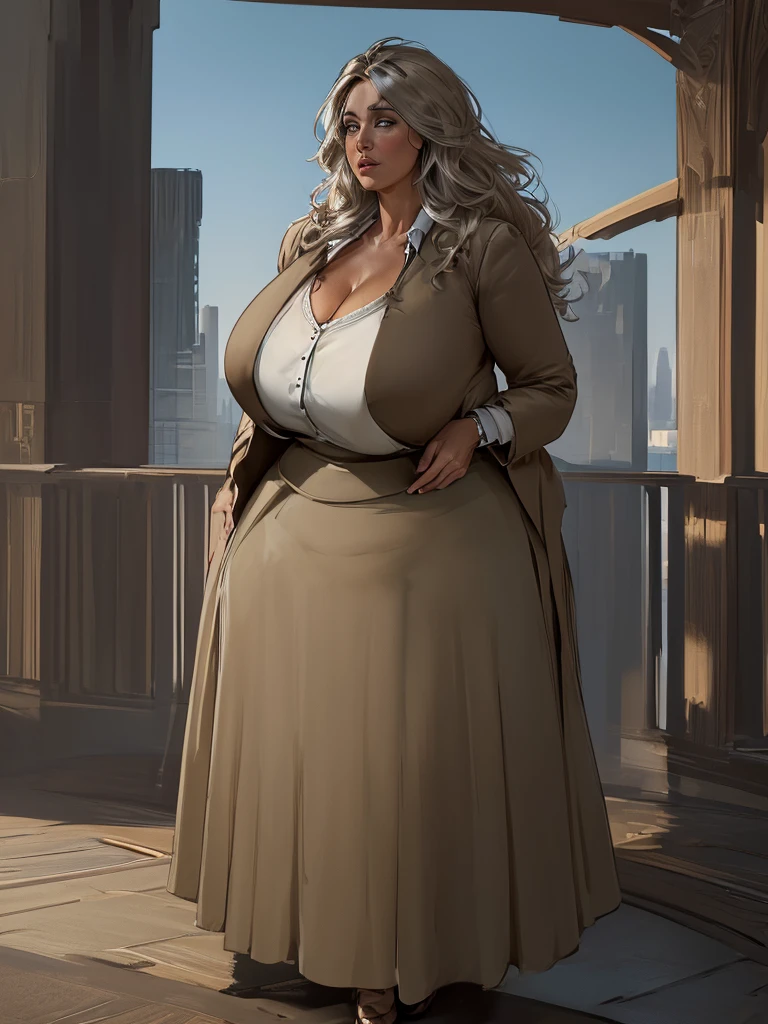 (extremely detailed CG unity 8k wallpaper:1.5),<(masterpiece:1.5), (best quality:1.7), high resolution illustration, (finely detailed eyes and detailed face:1.3), (detail:1.3, best quality, (ultra-detailed), (an extremely delicate and beautiful), (illustration), (painting),(masterpiece:1.5),cinematic light,dynamic angle,floating,sharp focus,(2d:1.7), (best quality:1.3),(illustration:1.1),((disheveled hair:1.2),(beautiful detailed eyes:1.1),(cinematic light:1.1), beautiful (40 year old) European woman, ((wearing henley buttoned-up blazer-suit and long-skirt)), on pier, outdoor, curvy body type, voluptuous body type, curvy body type, thick body type, big chest, big , (full_body),