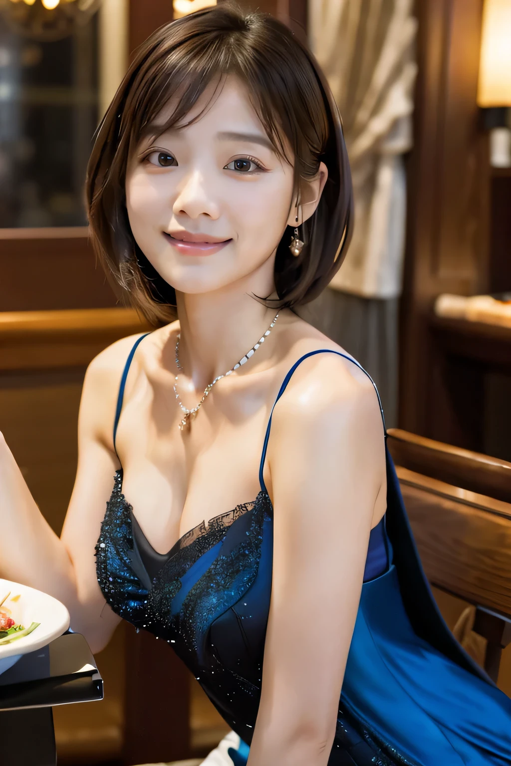 (Have dinner at a fancy restaurant:1.5)、(In a formal dress:1.5)、(Full-body photo:1.5)、highest quality, Photorealistic, Very detailed, finely, High resolution, 8K Wallpaper, Professional, High level of detail, ((One 18 year old girl:1.2)), Slender Japanese women,Pretty lips, (Beautiful long lashes:1.2)、Detailed clavicle, Perfect Face, (Cute short bob hair:1.5),Top Quality,Ultra-clear resolution,Clear Eyes,Sunburned skin,Perfect large breasts,A pretty necklace around the neck、have perfect legs,A kind smile