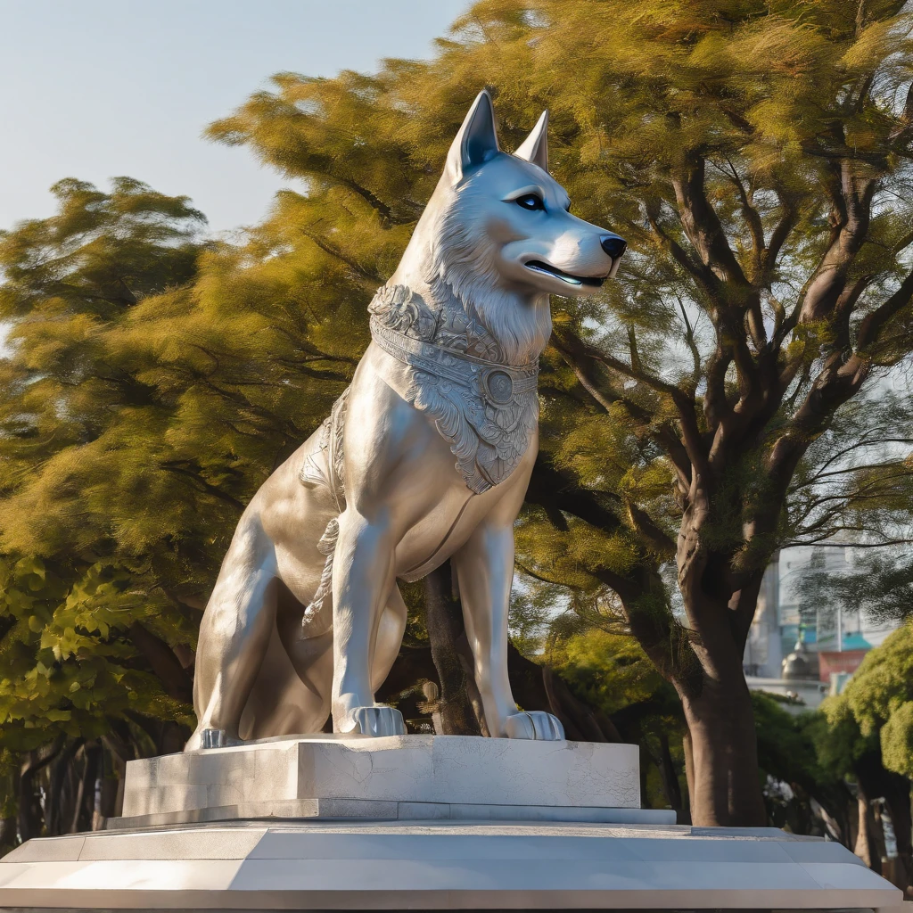 giant siberian husky bronze statue at the top of Democracy Monument which is in Ratchdamnoen road, Bangkok, Thailand, amidst crowd of people look at it; detailed texture, 4k quality, mastetpiece, realistic, shadow light,