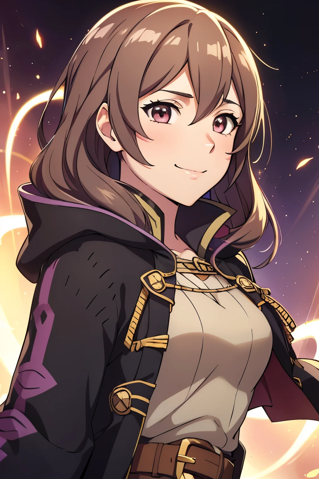 (high-quality, breathtaking),(expressive eyes, perfect face) 1girl, female, solo, portrait, Fire Emblem Awakening, Symmetrical Eyes, black background, Robin (Fire Emblem: Awakening), dark Brown hair color, short hair length, messy wavy hair, hair ornament, upper body, pink eyes, Black and purple robe, gold trim, hood, black shirt, brown belt, tomb, positive expression, cute smile, detailed eyes, adorable face, short height, Grima, Arms down, female robin (fire emblem), dark brown hair, fireflies background, soft lights,
