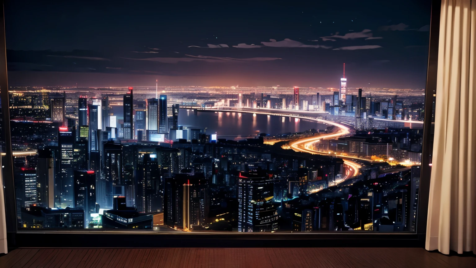 A stylish room with a view of the night skyline of Tokyo's buildings and the stars、Bookshelf, sofa and desk、shinkai makoto