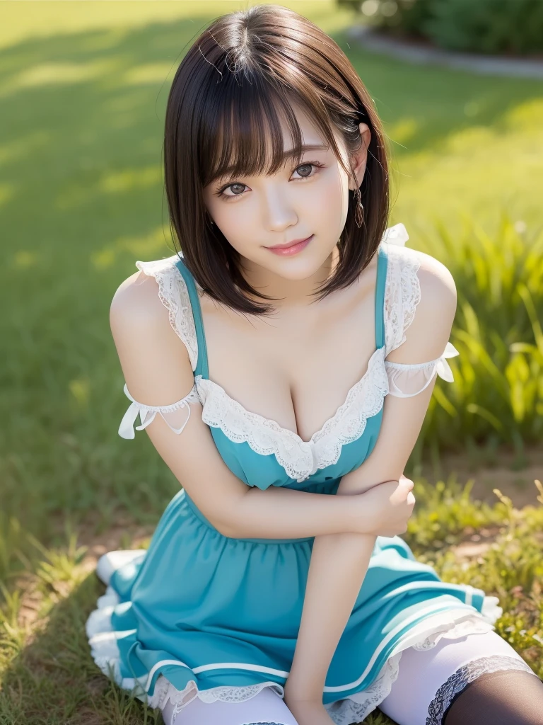 (highest quality:1.5)、(Realistic:1.5)、(1 person:1.5)、(Upper Body:1.5)、Very detailed、High resolution、8k wallpaper、、Small breasts、Natural color lips、Cute Smile、Japanese women、20-year-old girl、Beautiful and elegant face、Perfect and beautiful face、Big eyes、Brunette eyes、Beautiful and elegant face、Natural double eyelids、Natural Bangs、Beautiful thin nose、Beautiful Skin、Chestnut Hair、Medium Bob Hair、Short Hair、Natural Bangs、Perfect and beautiful face、Slim face and figure、(Looking at the camera with a cute expression)、Bright lighting、Professional Lighting、Forward lighting、Cute Smile、Summer blue sky、Grass park on the mountain、Look at the viewers、Low-angle composition、(Staring at the camera with a cute expression)、(Lighting the face)、Bright lighting、Professional Lighting、Forward lighting、Cute Smile、Beautiful clavicle、Beautiful feet:1.2、Smooth Skin、Beautiful cleavage、Floral Dresini skirt、(wear knee high stockings)、Sit on the grass、wariza、Put your hands on your thighs、Beautiful thighs、Sit down、Leaning forward、Shots from low angles、Girl sitting、seiza、Gothic Dress、Lolita Dress、knee high stockings、above-knee length stockings、(garter belt)、Frill dress、