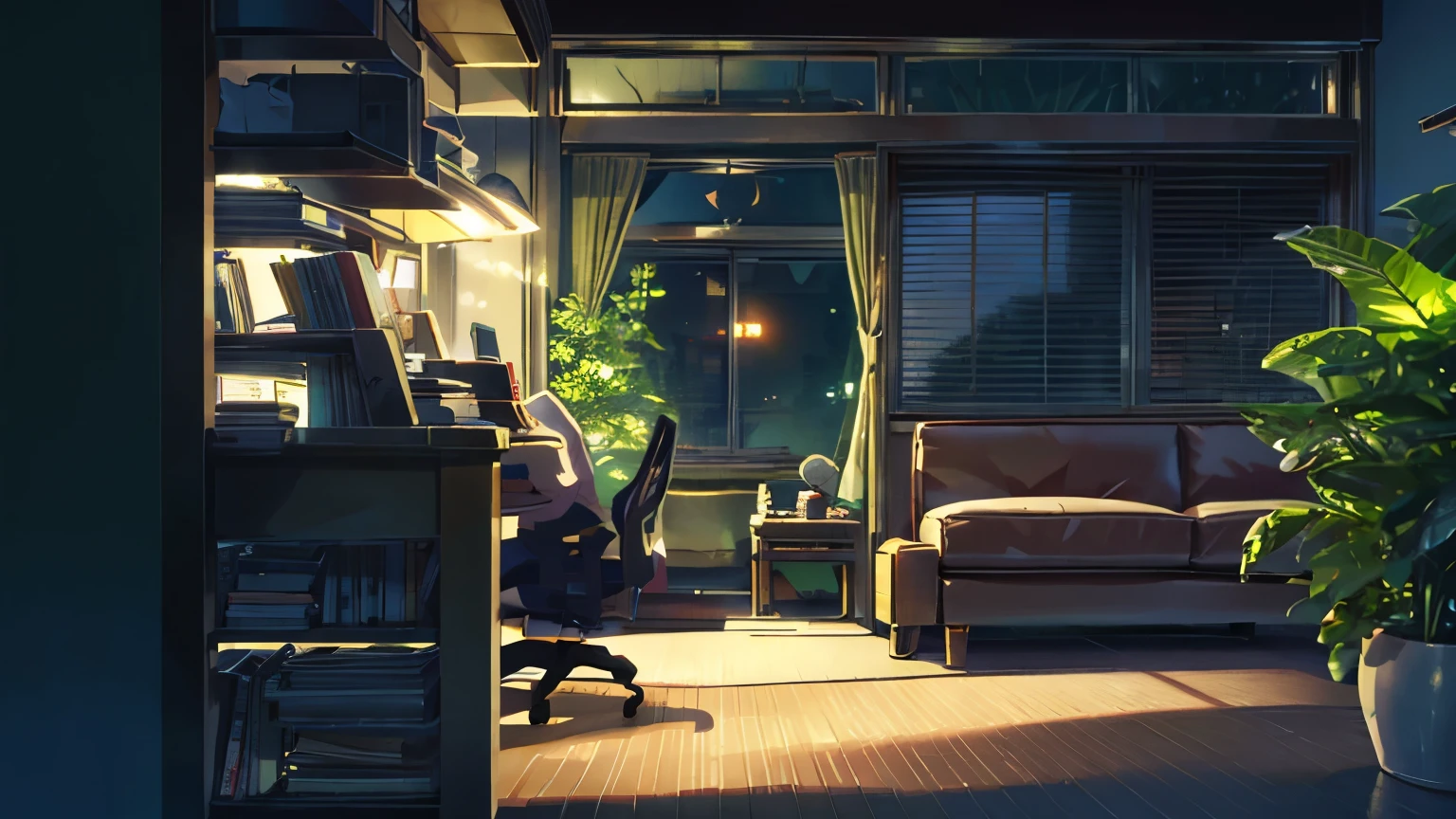 A window with a view of the Tokyo skyline at night、Bookshelf, sofa and desk、Foliage plant、shinkai makoto