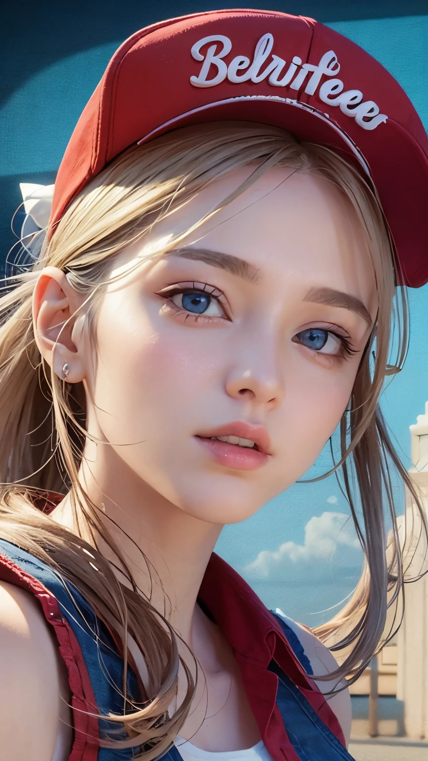 One girl, Terry Bogard Girl, Blonde, ponytail, blue eyes, Baseball cap, Eyes focus, Beautiful park background (8k), (highest quality), (masterpiece:1.2), (Realistic), (Very detailed), (Fine grain:1.2), (Detailed face:1.2), (realism:1.2), (super high quality), (Complex), (85mm), Particles of light, Lighting, (Very detailed:1.2), (Gradation), Colorful, SFW, Dawn, alone,(head shot:1.5)