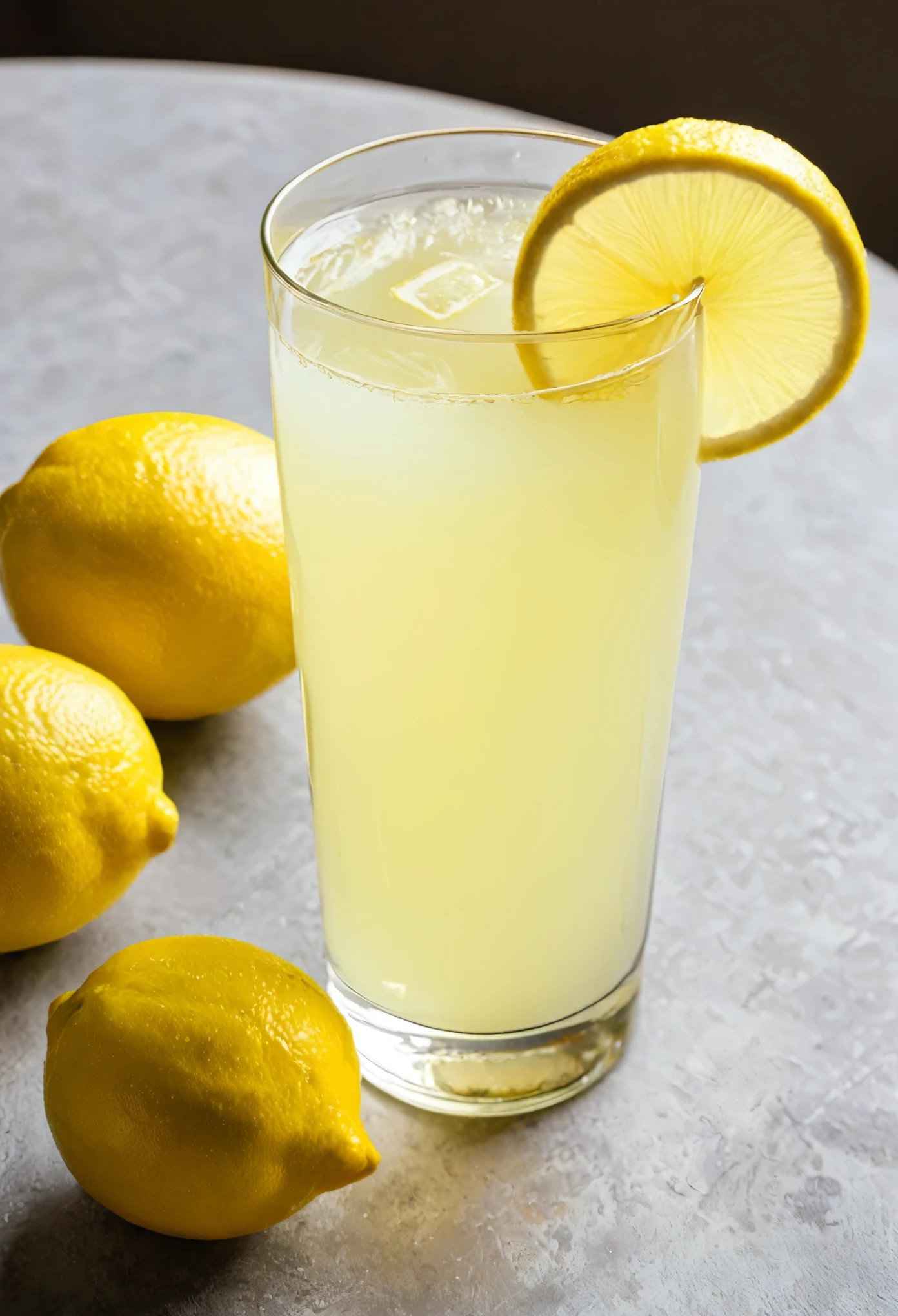A large glass of lemon juice on the table.