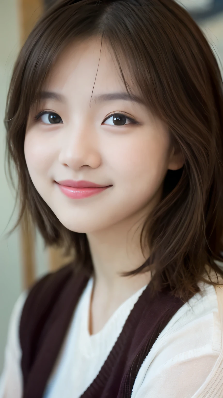 beautiful and cute 20-year-old Korean girl with a photorealistic face, showcasing top-quality craftsmanship. Her slender frame adorned with short, messy hair. The artwork high-resolution, allowing for ultra-detailed features to be captured flawlessly. The focus lies on the realistic pupils, showcasing depth and emotion. cute smile.