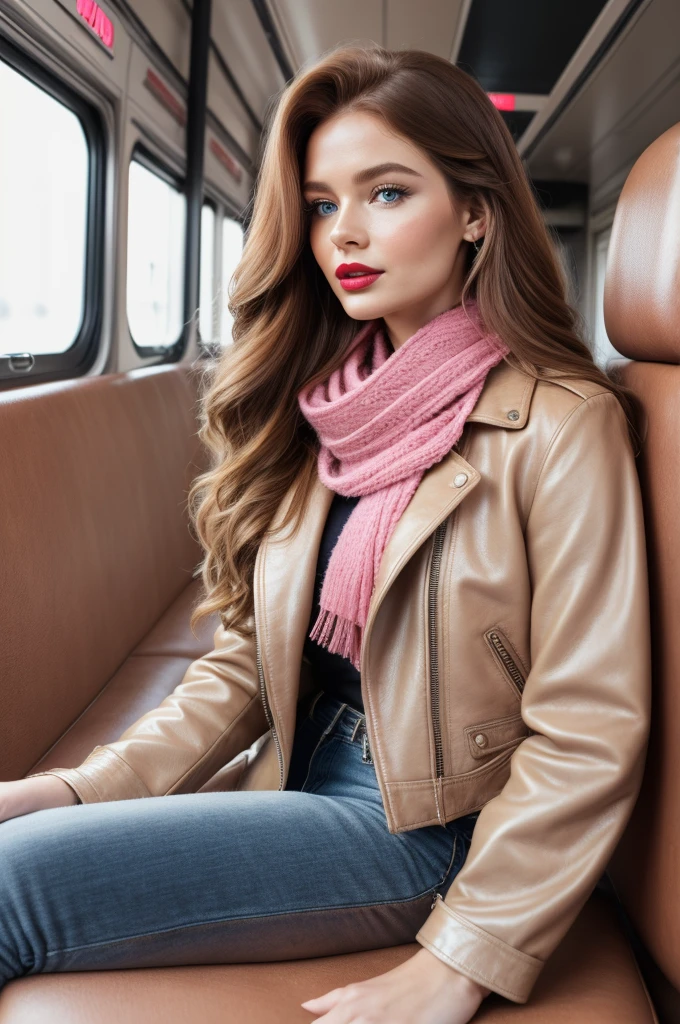 Photorealistic, best quality, hyper detailed, selfie photo, upper body. Gorgeous, pretty, warm-hearted, kind-hearted, good-hearted, stunning, cheerful, sweet, polite, sensitive, sensible, shiny, charming, alluring, dreamy, graceful, classy, stylish, flowing extra long ginger haired russian woman with the cutest face, fair porcelain skin, soft make-up, red lipstick, she is wearing a leather jacket, skinny trousers, riding boots and pink scarf. She's a tripping by train.