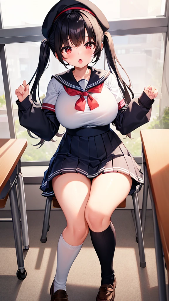 masterpiece、Highest quality、Ultra-high resolution、teenage school girl with big breasts、twin tail hairstyle、black hair、Red face、mock、open your mouth just a little、Short-sleeved sailor school girl uniform、mini skirt for teenage school girl、knee high socks for teenage school girl、beret for teenage school girl、inside the classroom, white panties,