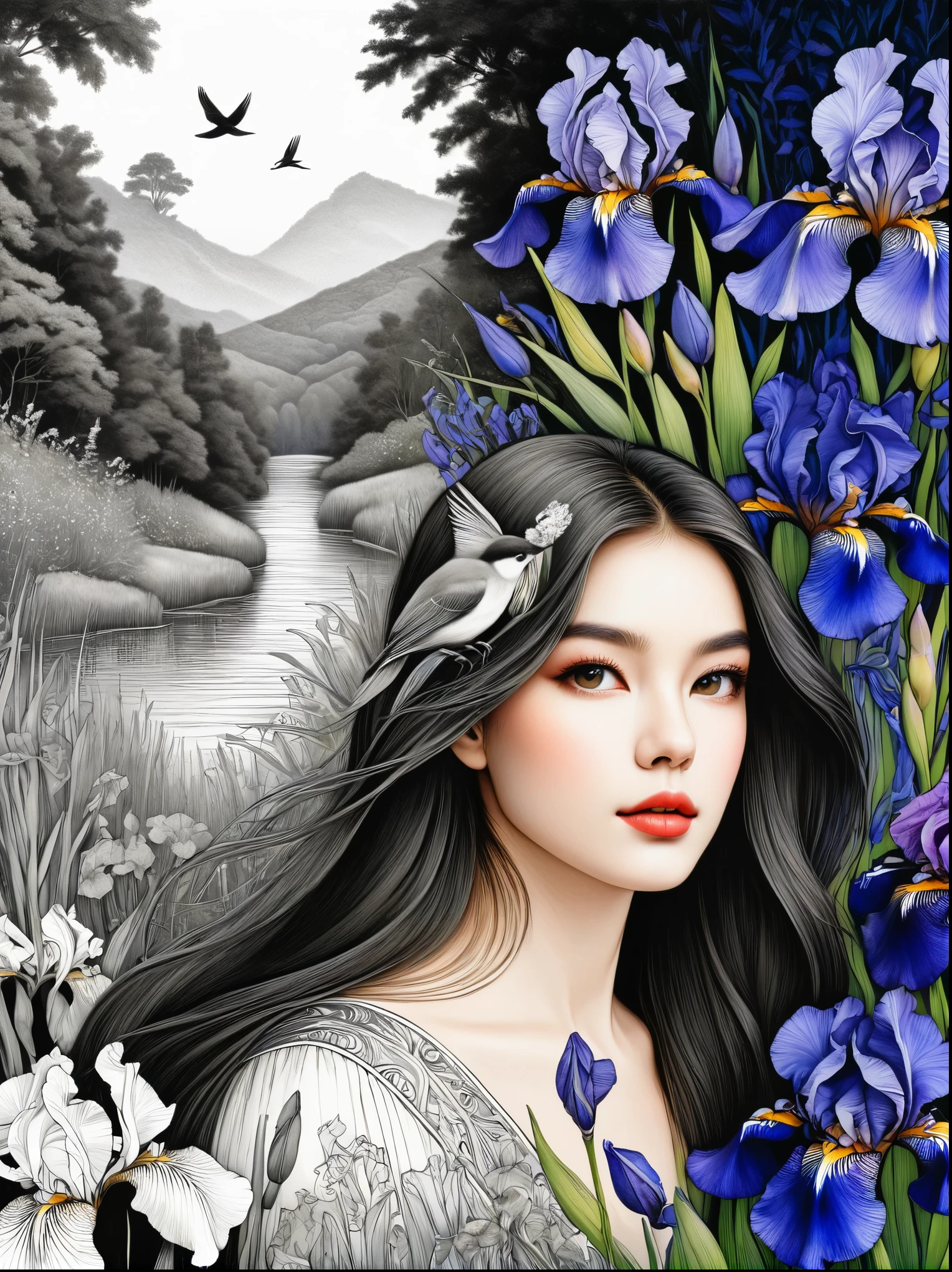 Bird，Wildflowers and irises in a forest setting，1 image of a long-haired beauty，Artwork should be in pencil drawing style，Transition from black and white on the left half to bright colors on the right half，Ensure seamless integration between the two halves，No dividing line，The scene is the same on both sides，Black and white pencil detail on left side，Right side filled with color，The blend formed in the whole image，Perfect details, animation art style, Large murals, Sharp contrast between light and dark