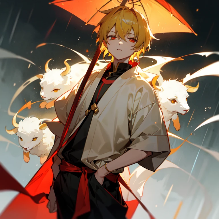 ATE Zero anime ,Gilgamesh kid Character ,yellow hair wearing white hude ,stand up stare to the viewer with his deep bright red eyes ,putting his hands in his whide hude pockets ,rainy theme ,minimum lights source ,the character is totaly clear its position lighted by the street lamb