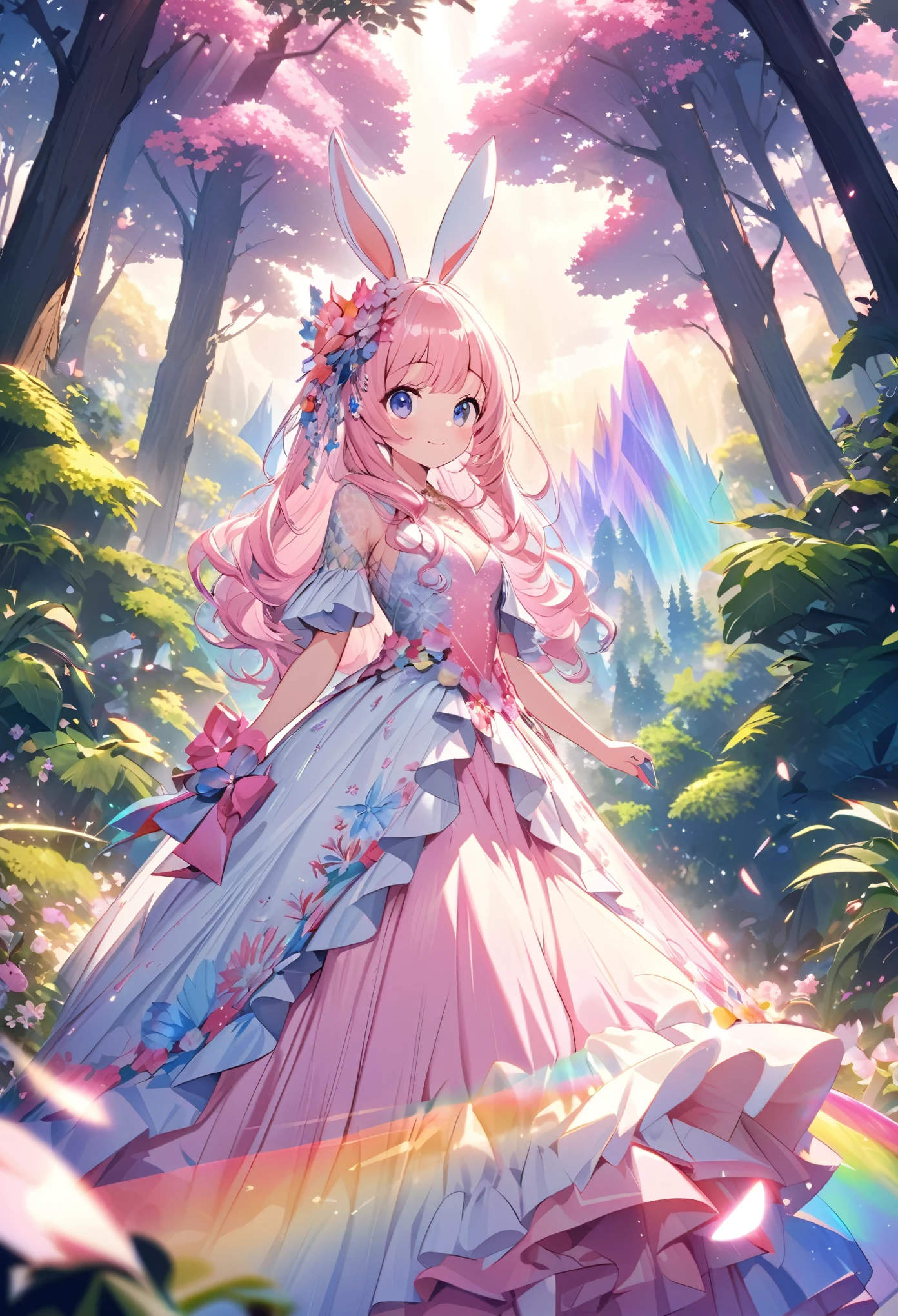 ``Japanese anime character, cute rabbit in pink color, beautiful adorable rabbit wearing an elegant and elaborate Hawaiian dress, the dress must have intricate designs and patterns to give it a luxurious and exclusive look. In the background, the image should depict the richness of the forest, with sunlight reflecting off the trees and illuminated mountains beyond. , emphasize the shimmering effect and rainbow throughout the image. Enhance your look and add special ruffles to your dress to stand out.”