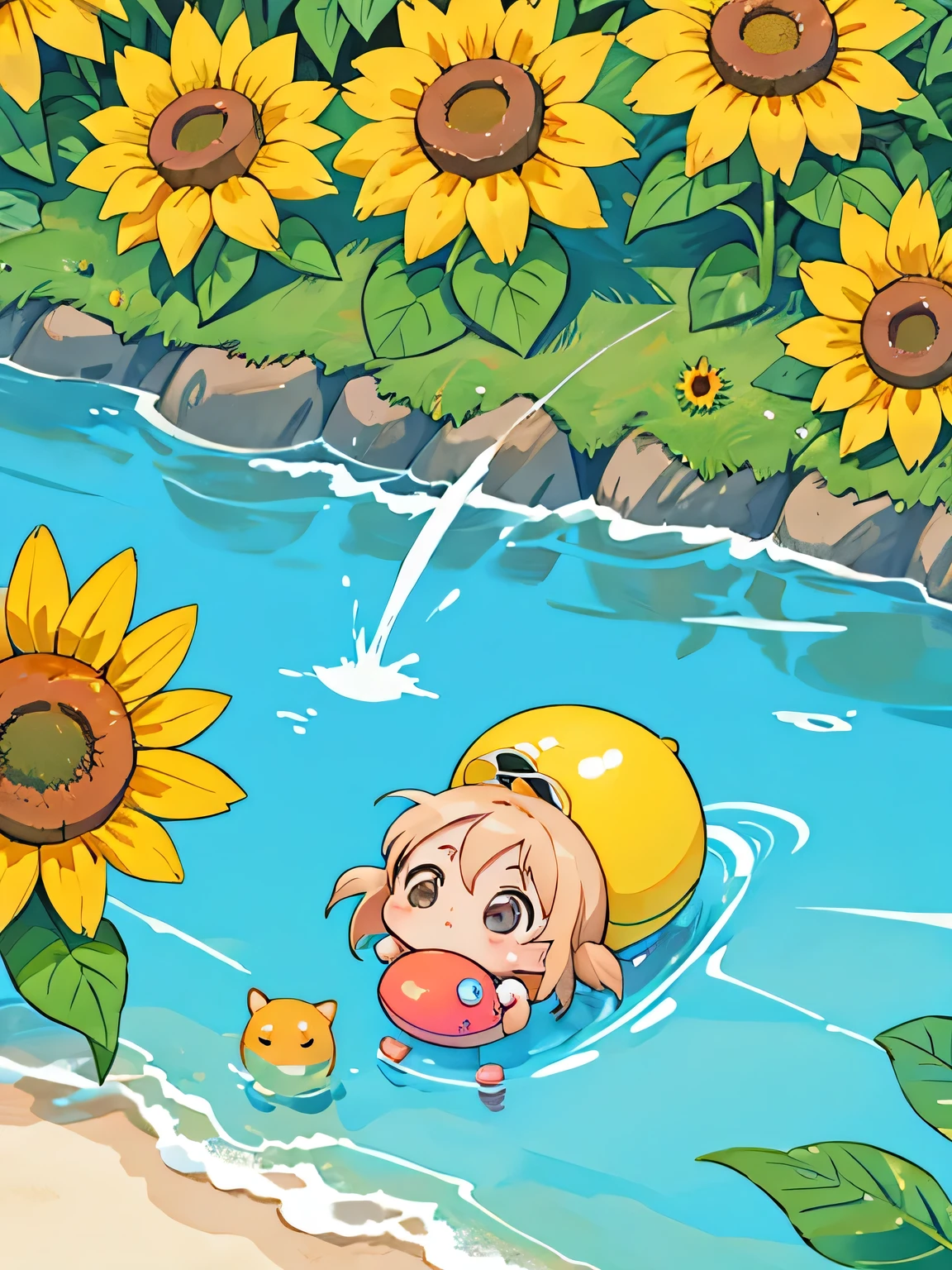 Akira Toriyama style, Kawaii Design, The most beautiful girl of all time、Chibi, play together、Cute Aliens, Beach, Swimwear, sunflower