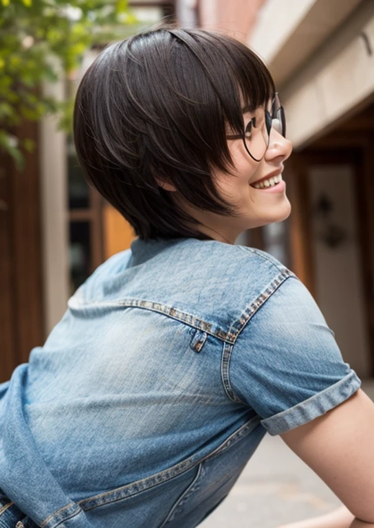 1girl, jeans, glasses, smiling, short hair, wrinkle t-shirt, hair covers ears, looking on viewer, back view, bending over