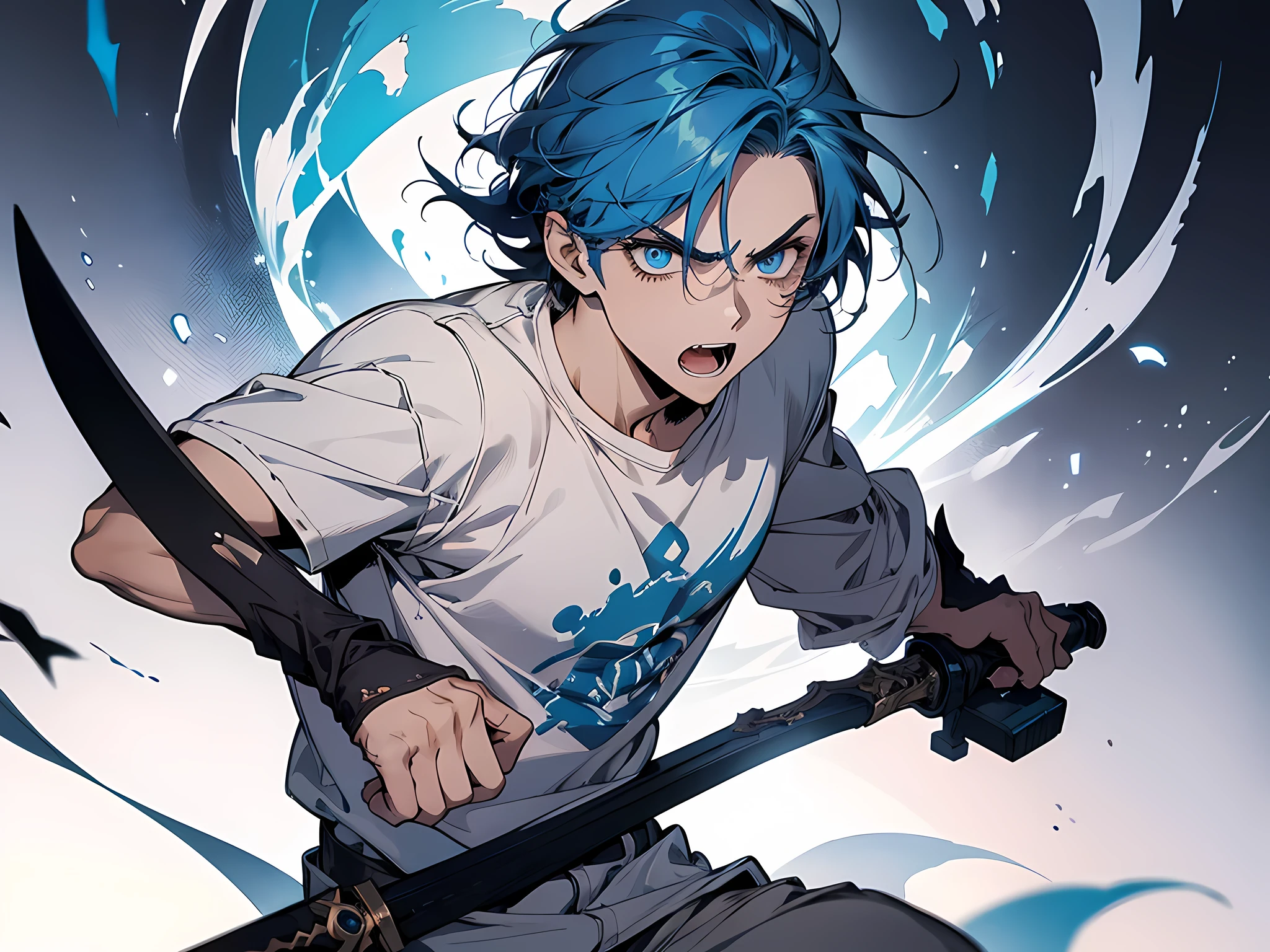ung man, wearing white tshirt, holding a bone sword on his hand fighting a monster, blue hair, short hair, face to detail, blue eye colors, detailed eyes, angry facial expression, open mouth, full-body illustration, detailed eyes, eyes extremely detailed,,