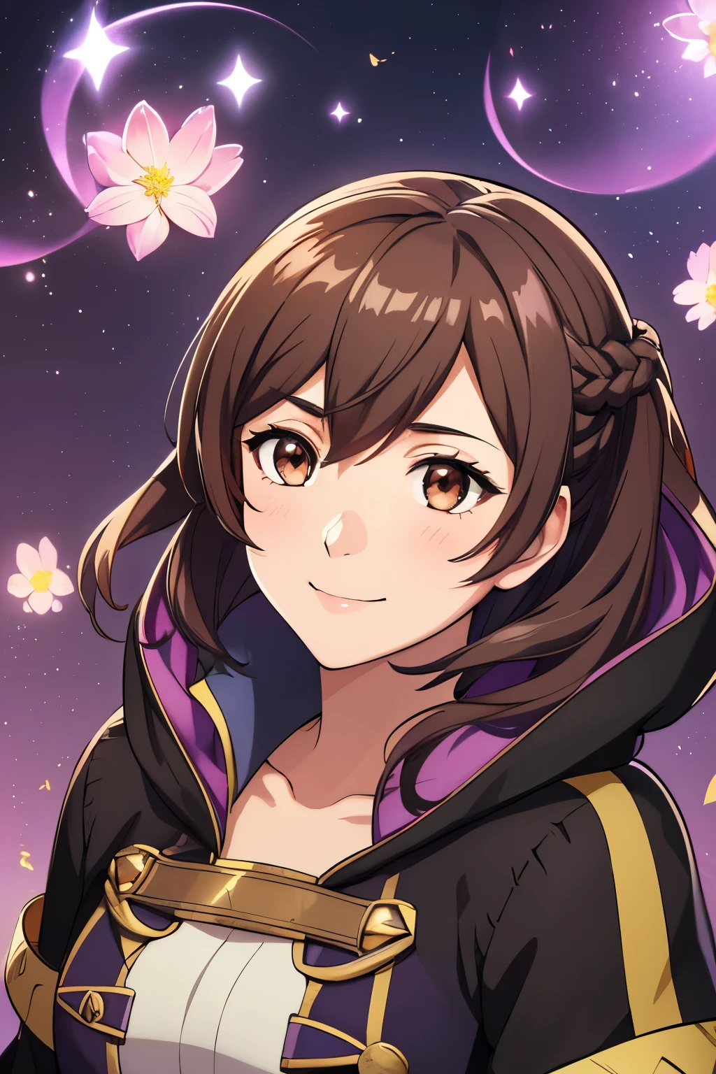 (high-quality, breathtaking),(expressive eyes, perfect face) 1girl, female, solo, portrait, Fire Emblem Awakening, Symmetrical Eyes, black background, Robin (Fire Emblem: Awakening), dark Brown hair color, short hair length, messy wavy hair, hair ornament, upper body, pink eyes, Black and purple robe, gold trim, hood, black shirt, brown belt, tomb, positive expression, cute smile, detailed eyes, adorable face, short height, Grima, Arms down, female robin (fire emblem), dark brown hair, fireflies background, soft lights, braided bang, flower in hair
